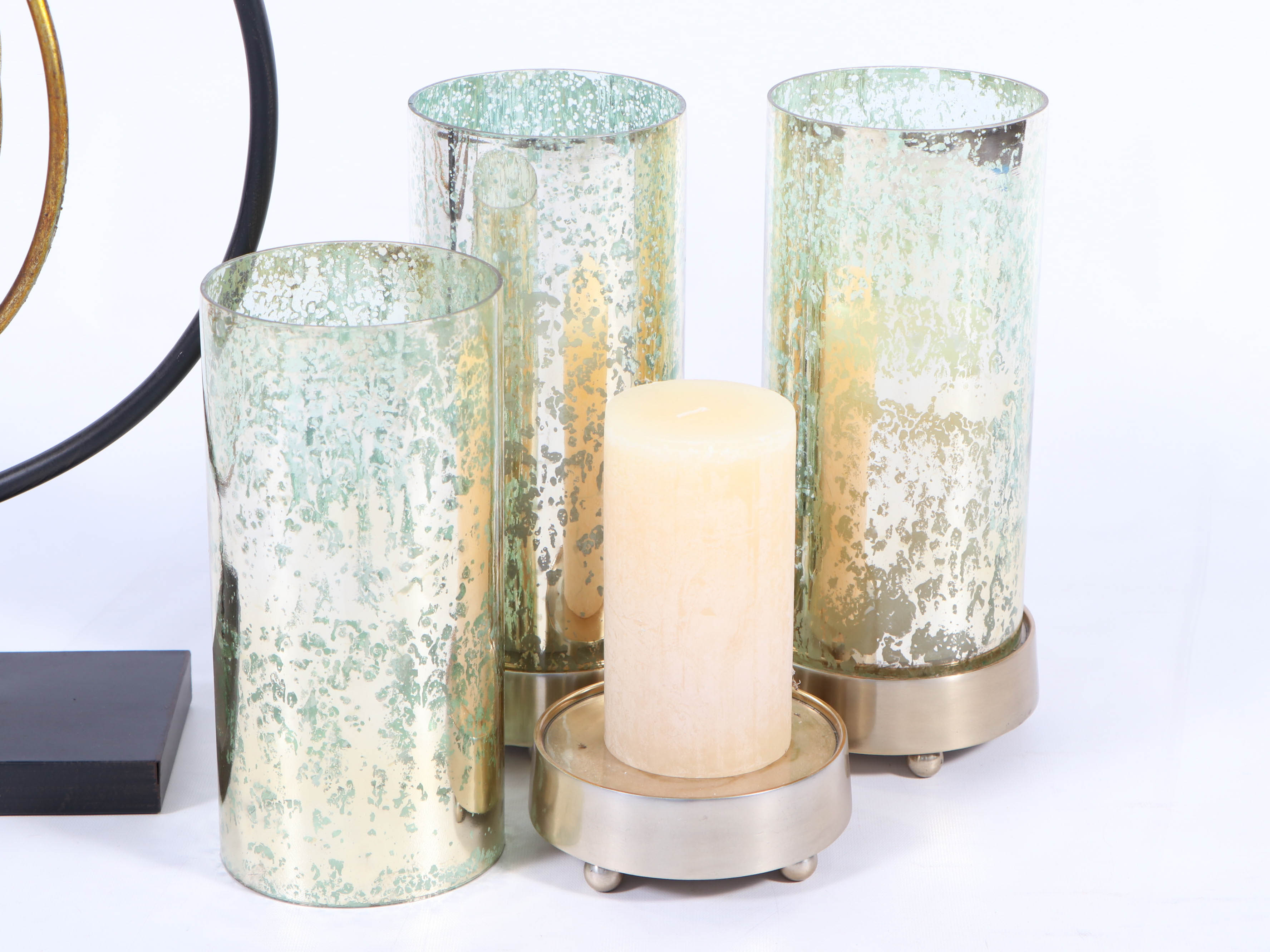 Modern Metal Sculpture and Smoke Glass Candleholders