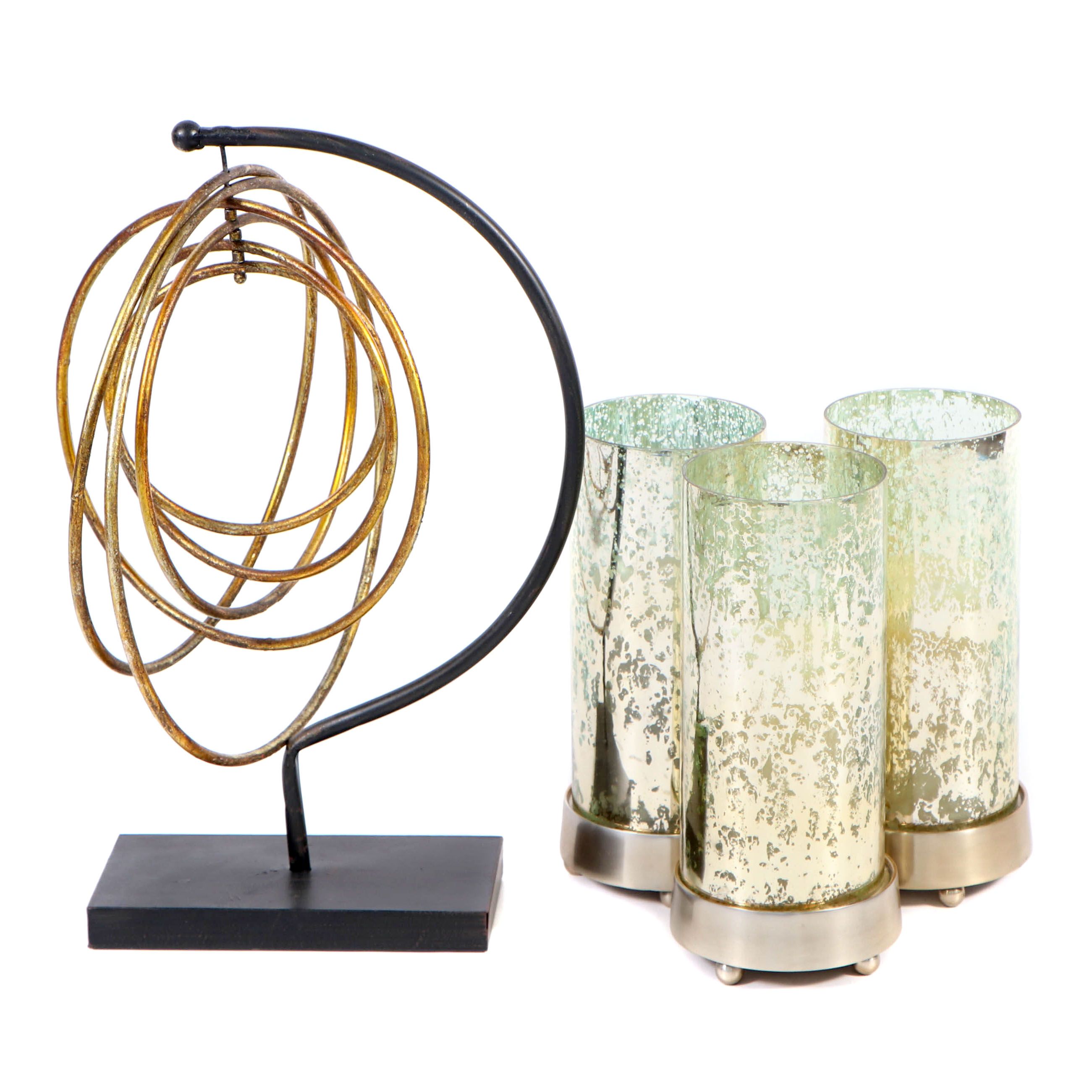 Modern Metal Sculpture and Smoke Glass Candleholders