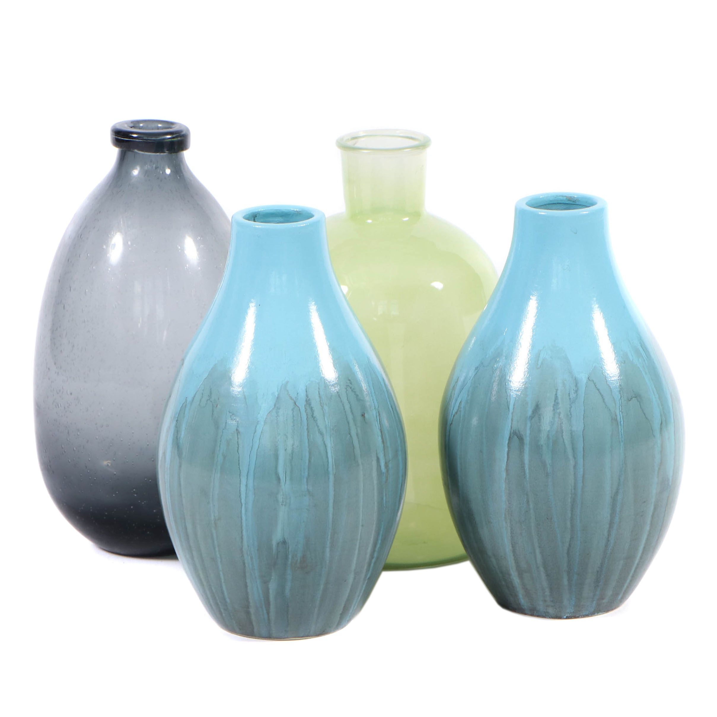 Glazed Blue Clay Vases with Beach Glass Style Vases