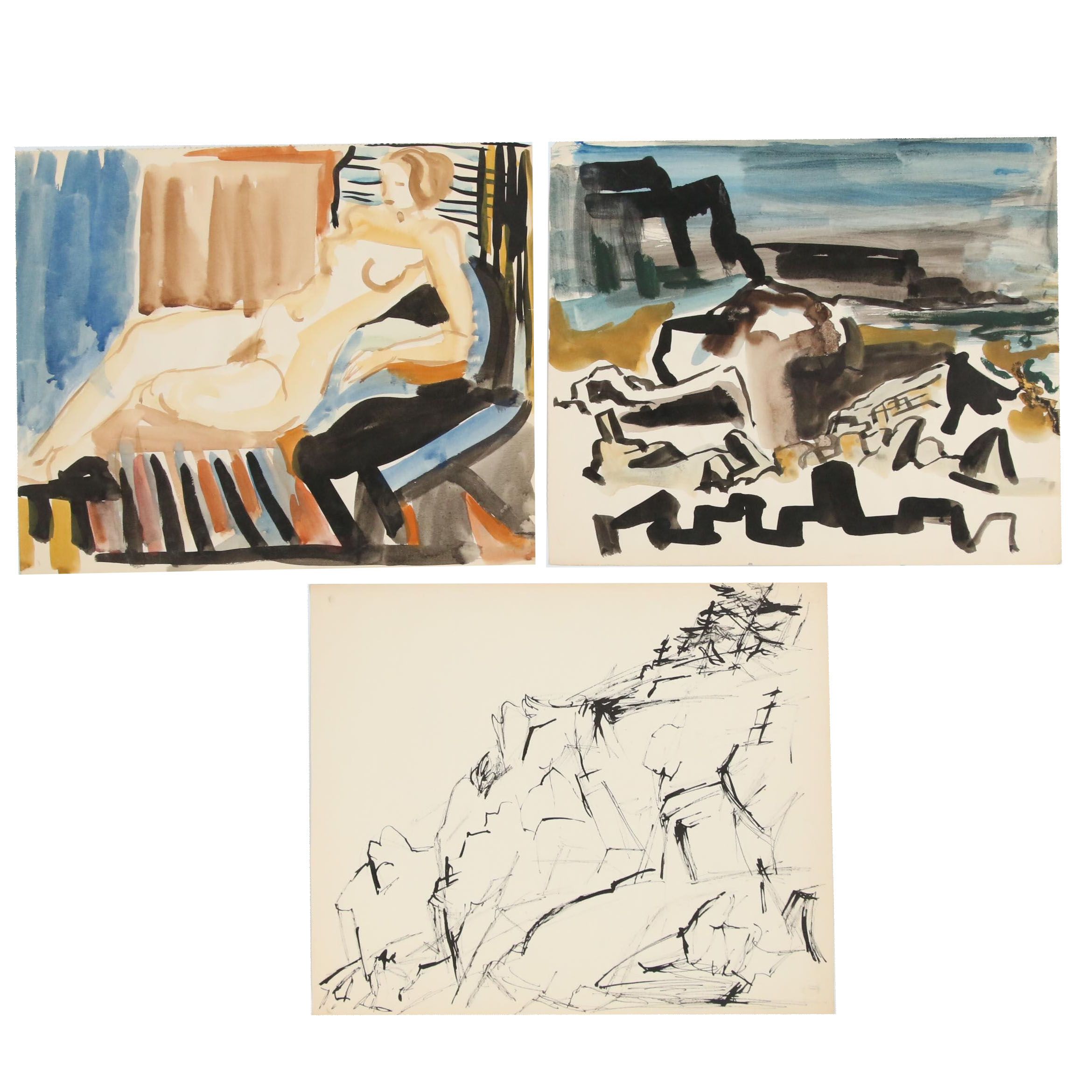 Yolanda Fusco Abstract Watercolor Paintings and India Ink Drawing, 20th Century