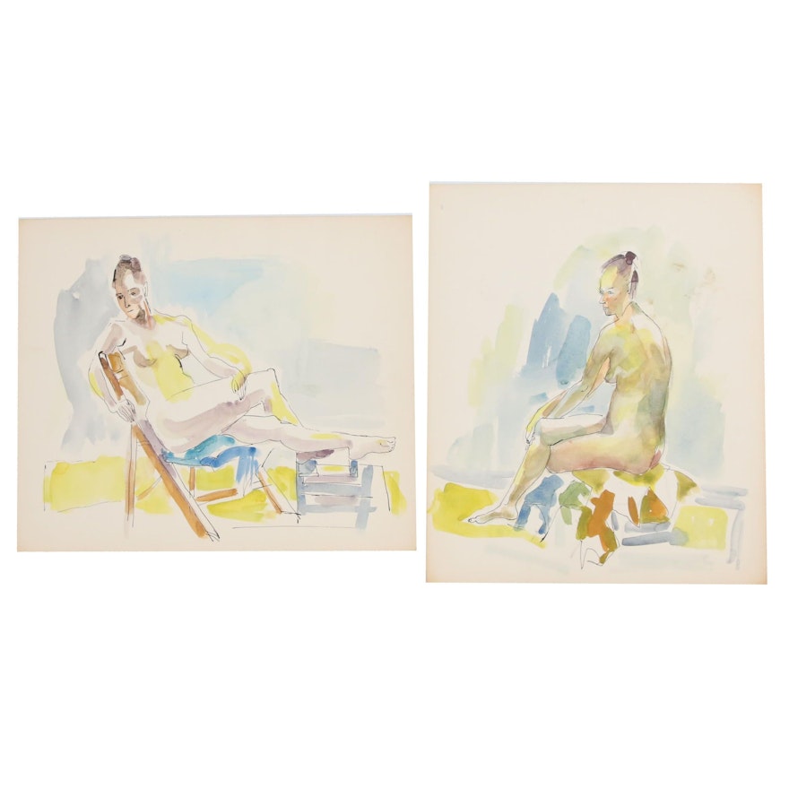 Yolanda Fusco Embellished Watercolor Paintings, Late 20th Century