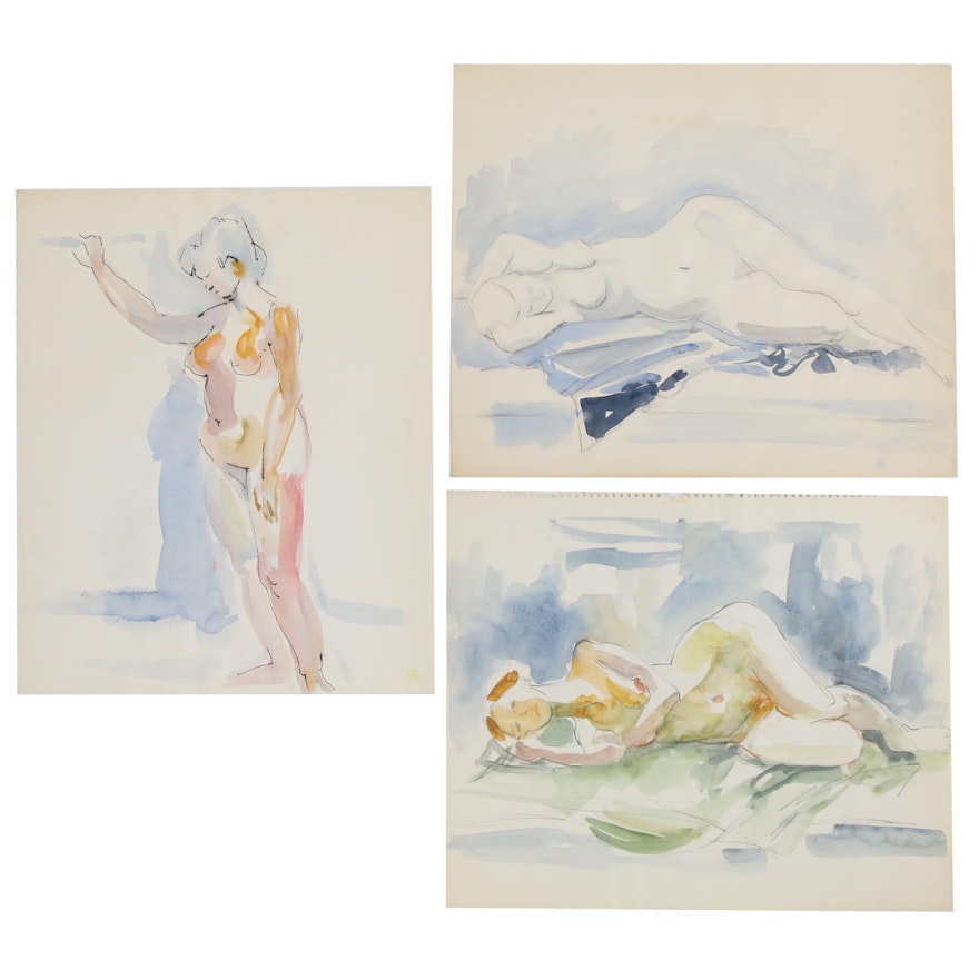 Yolanda Fusco Watercolor and Graphite Paintings, Mid 20th Century