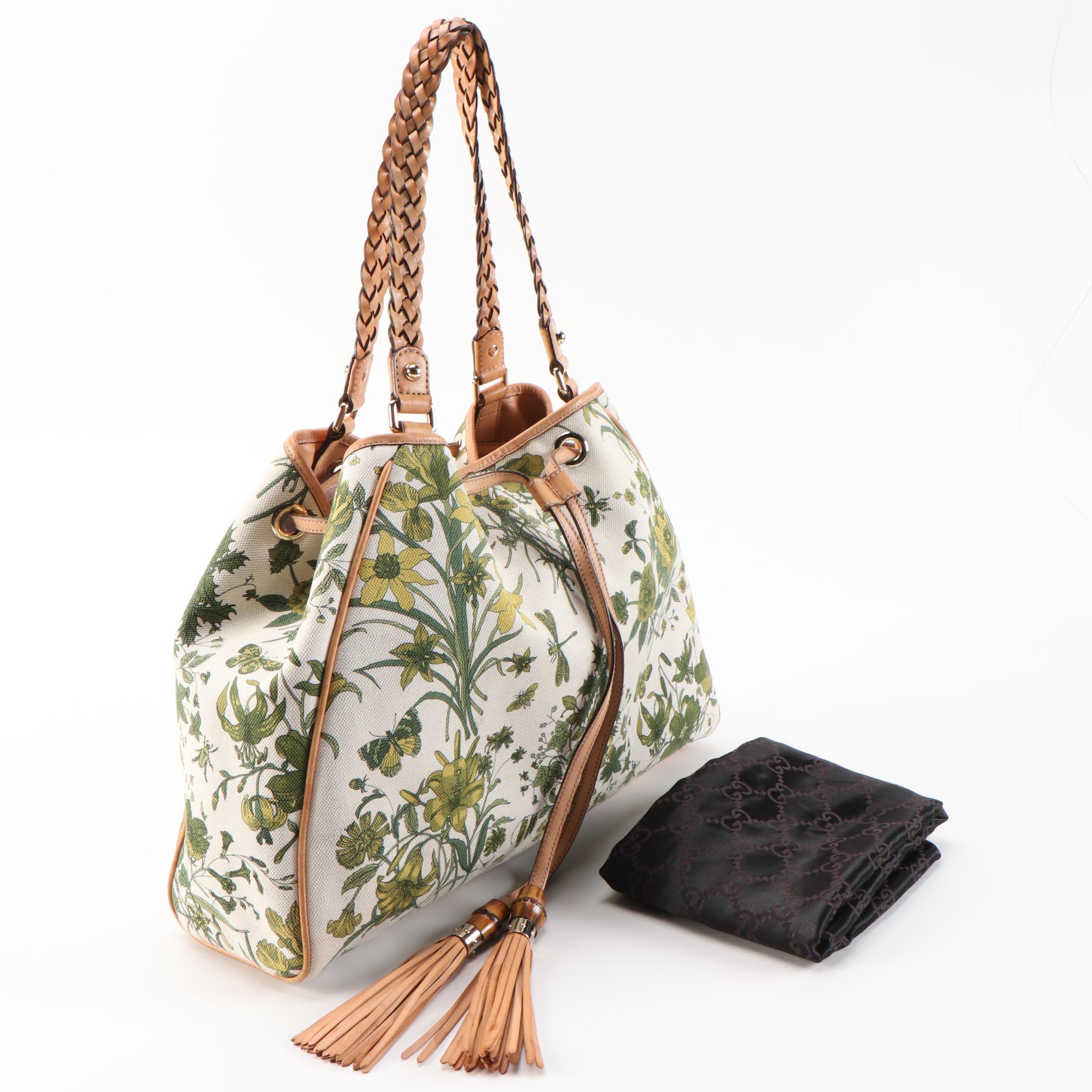 Gucci Peggy Bamboo Tassel Flora Print Tote Bag with Vachetta Leather Trim