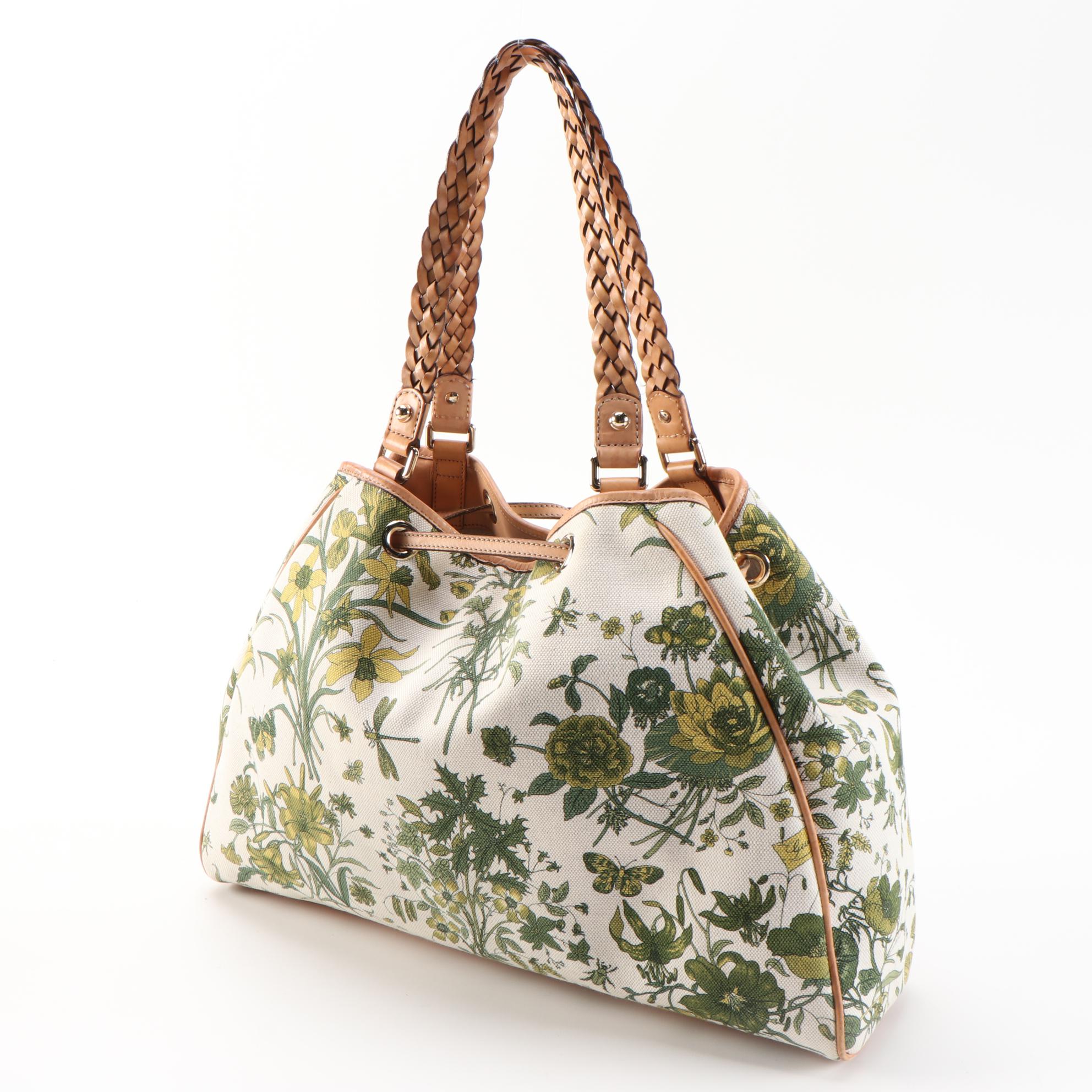 Gucci Peggy Bamboo Tassel Flora Print Tote Bag with Vachetta Leather Trim