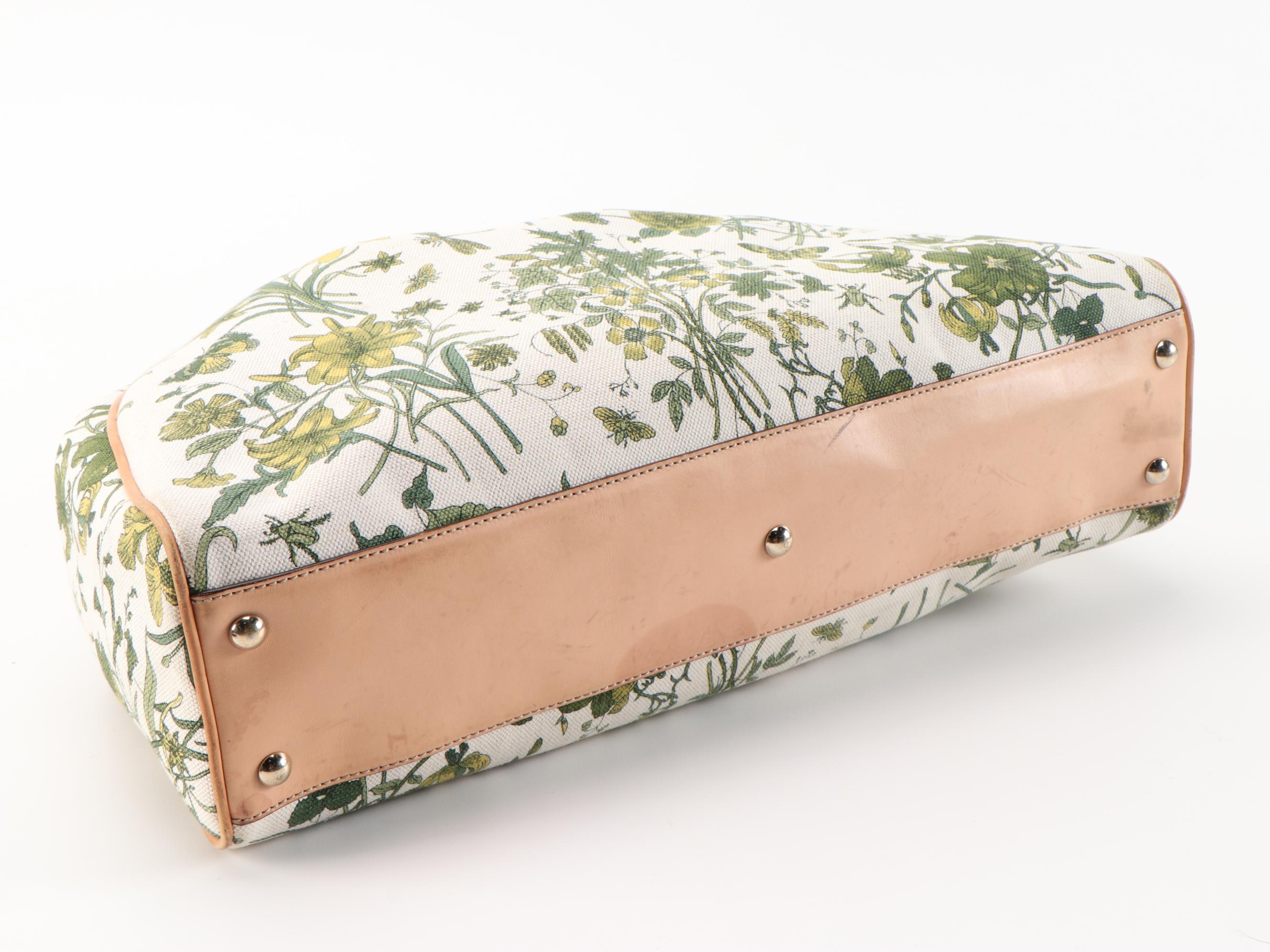 Gucci Peggy Bamboo Tassel Flora Print Tote Bag with Vachetta Leather Trim