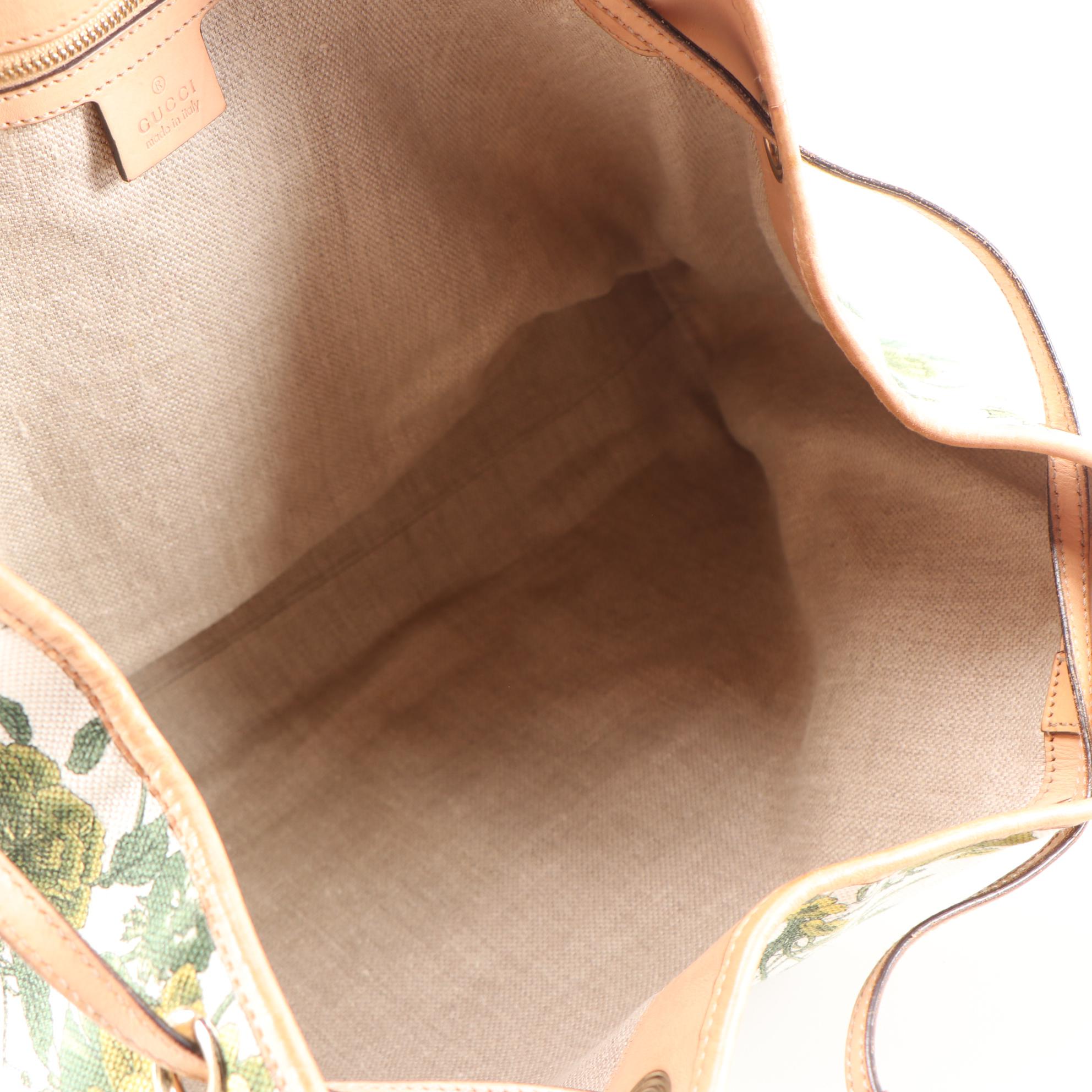 Gucci Peggy Bamboo Tassel Flora Print Tote Bag with Vachetta Leather Trim