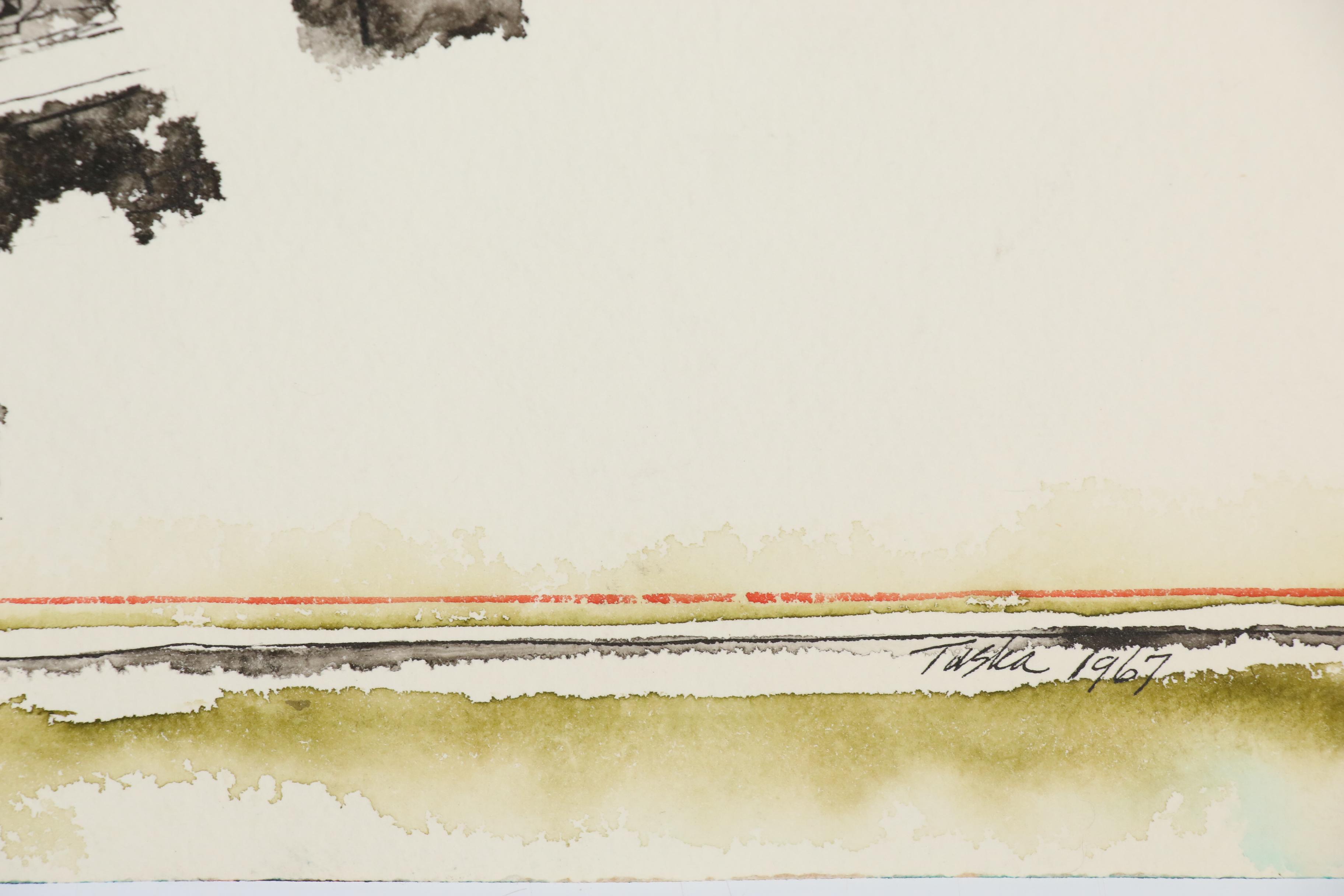 John Tuska Abstract Pen and Inkwash Drawing, 1967