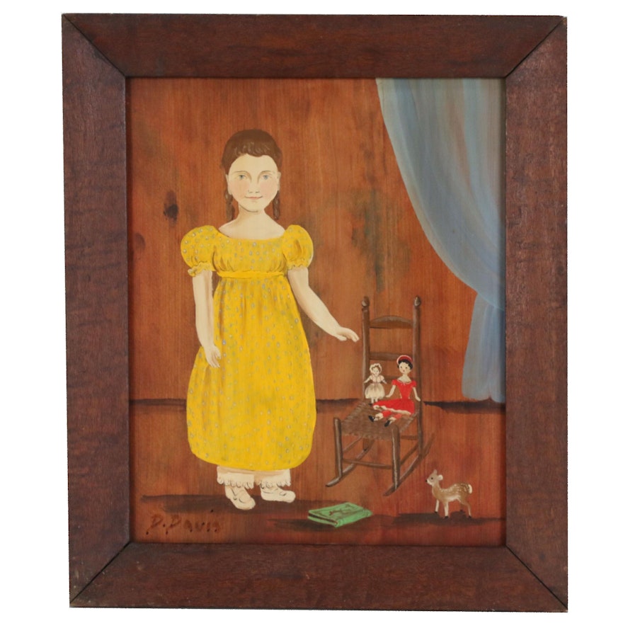 Dorothy Davis Folk Portrait Painting of Young Girl with Toys, 1962