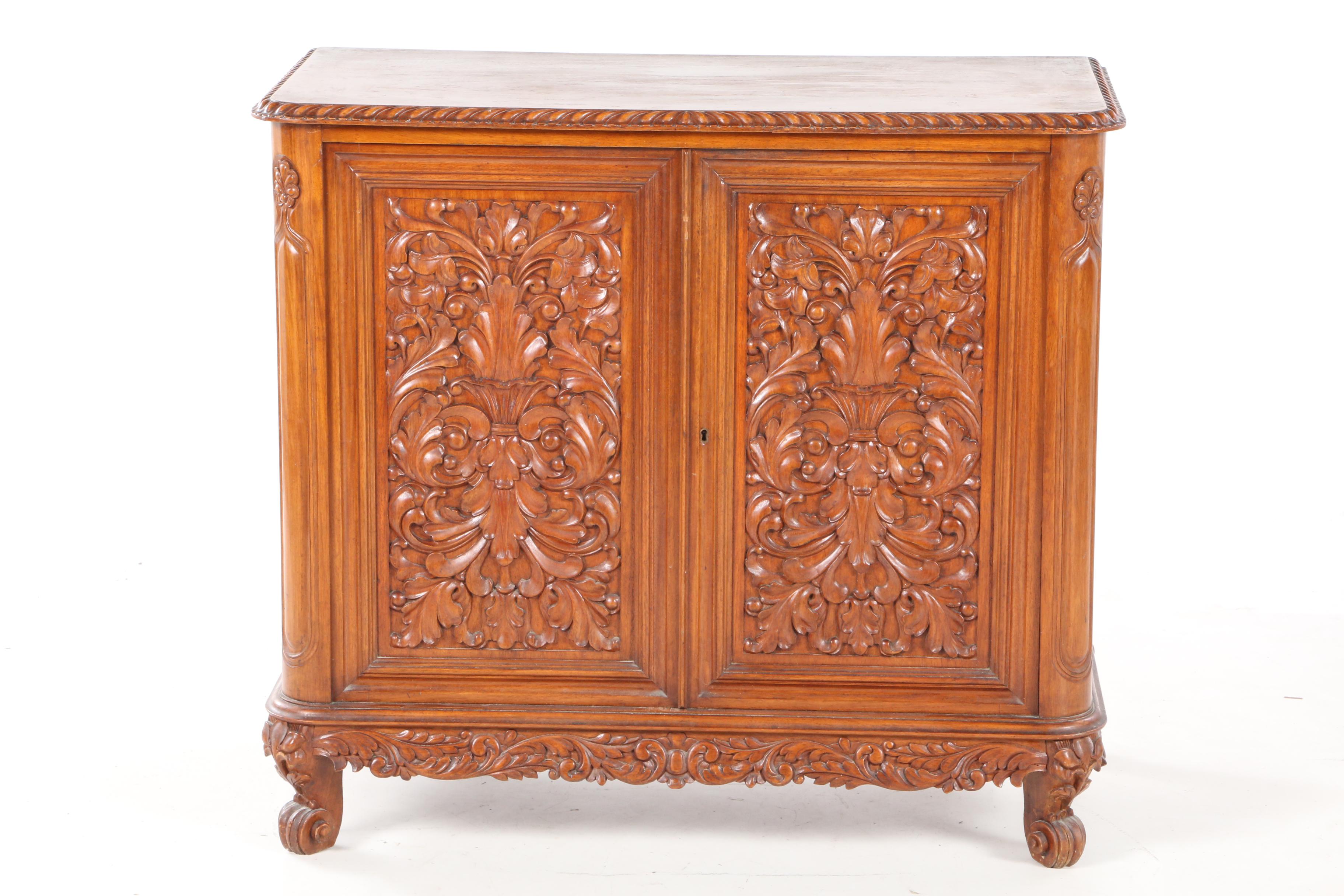 Rococo Style Floral-Carved Mahogany Cabinet