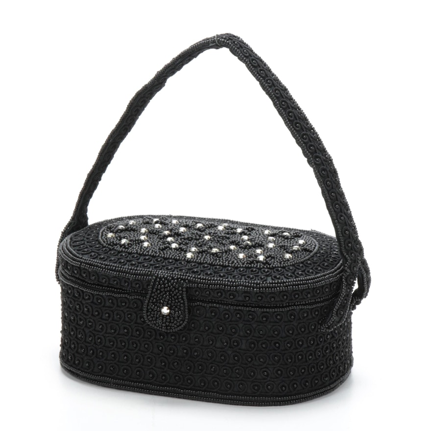 Black Soutache and Glass Bead Embellished Vanity Box Handbag with Change Purse