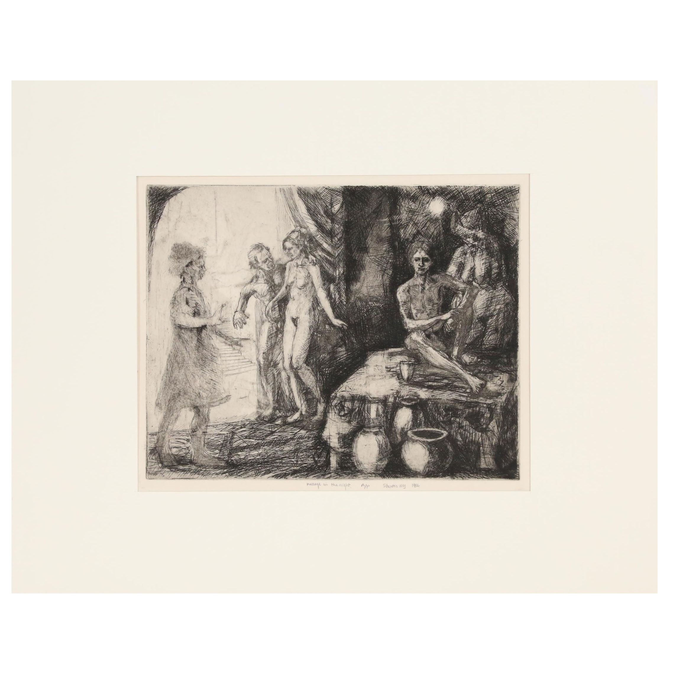 Martin Shortis Etching "Message in the Night", 1986