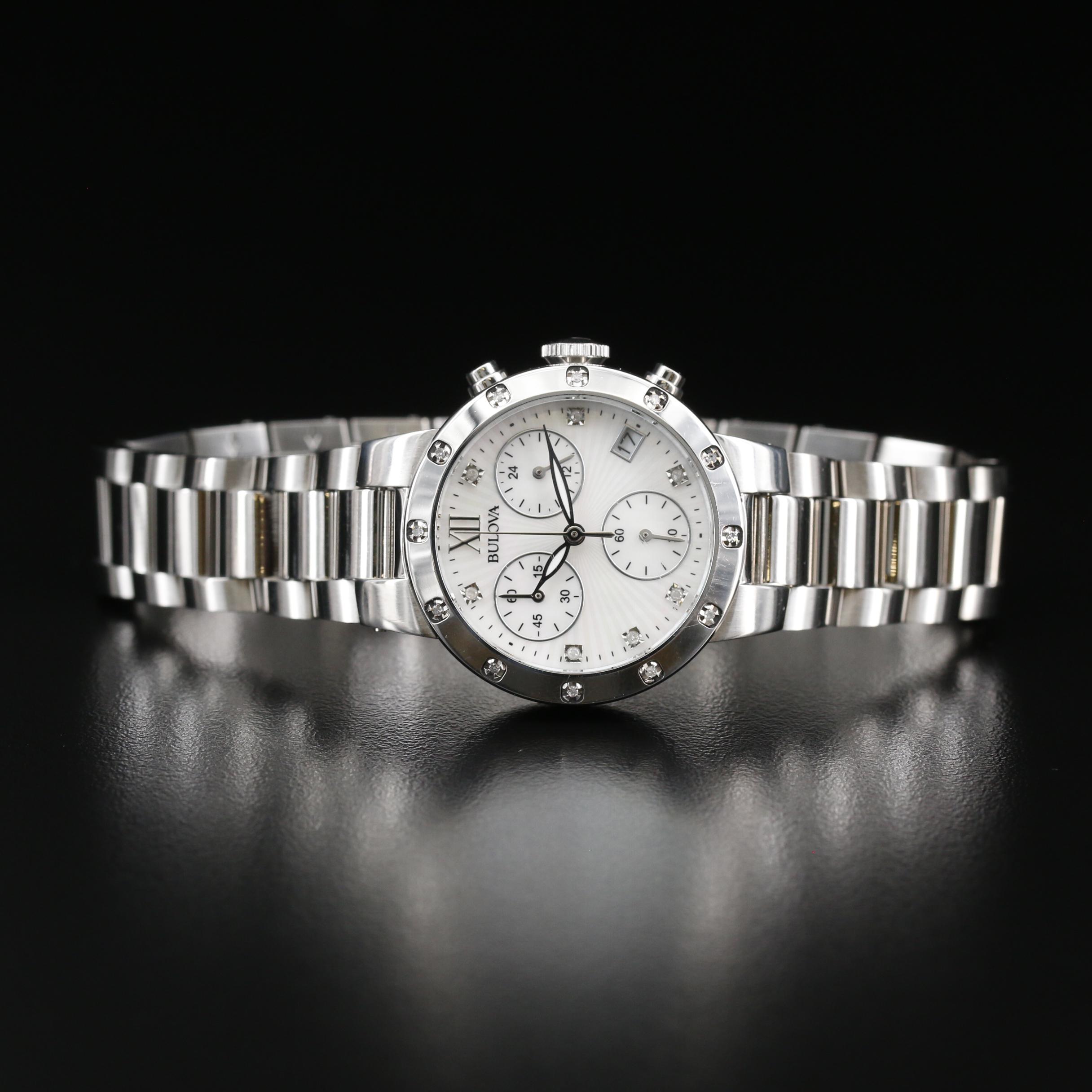 Bulova Maiden Lane Chronograph MOP and Diamond Stainless Steel Watch