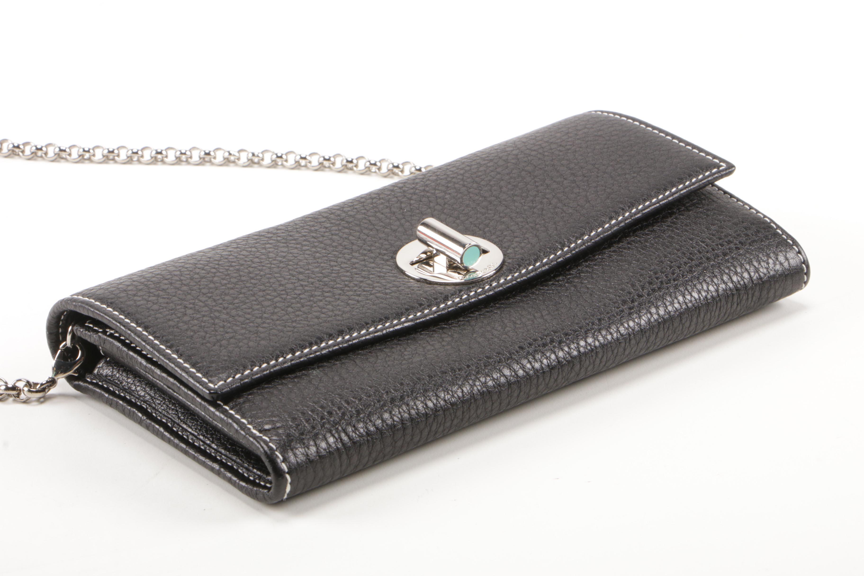 Tiffany & Co. Black Pebbled Leather City Wallet on Chain Clutch with Rolo Chain