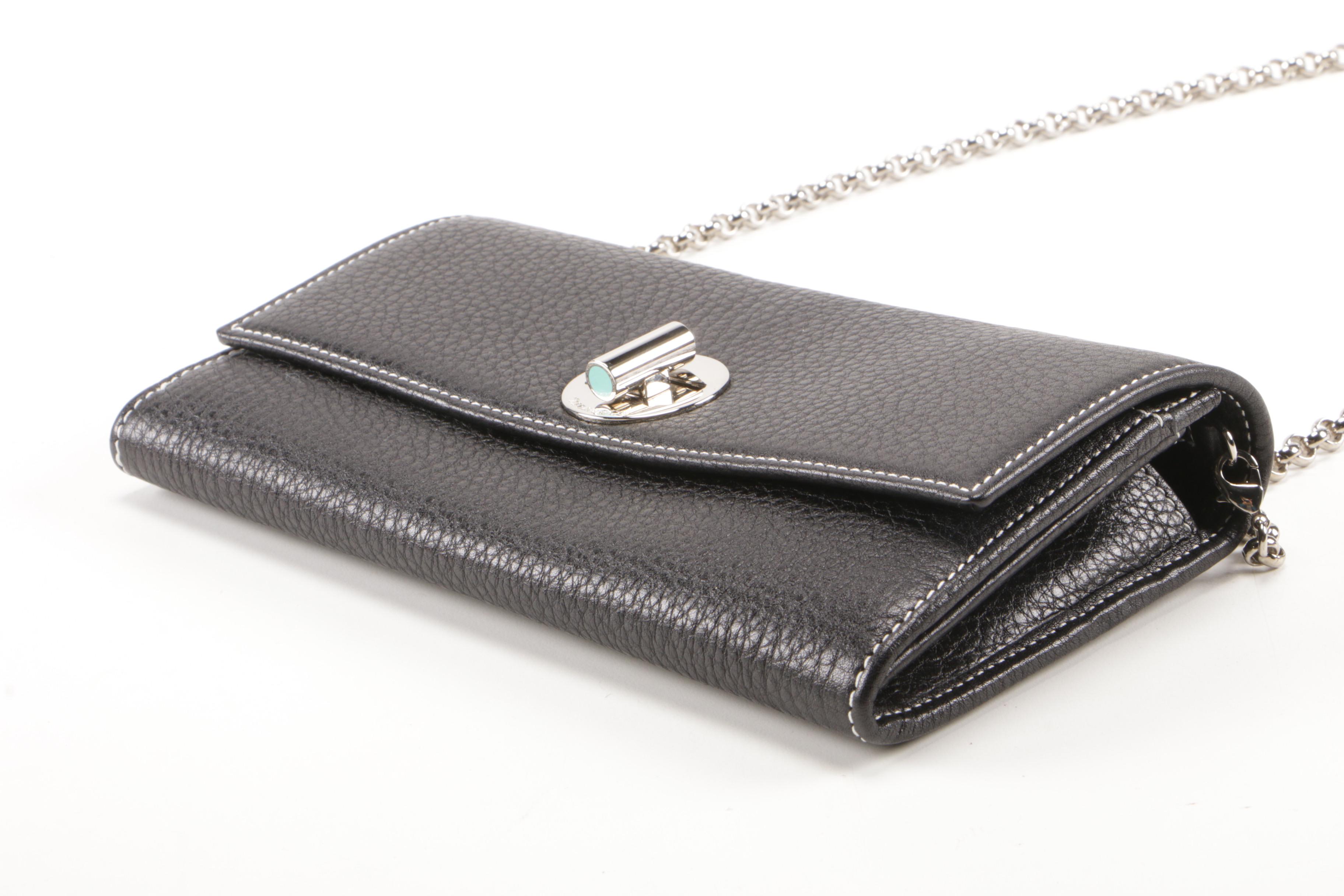 Tiffany & Co. Black Pebbled Leather City Wallet on Chain Clutch with Rolo Chain