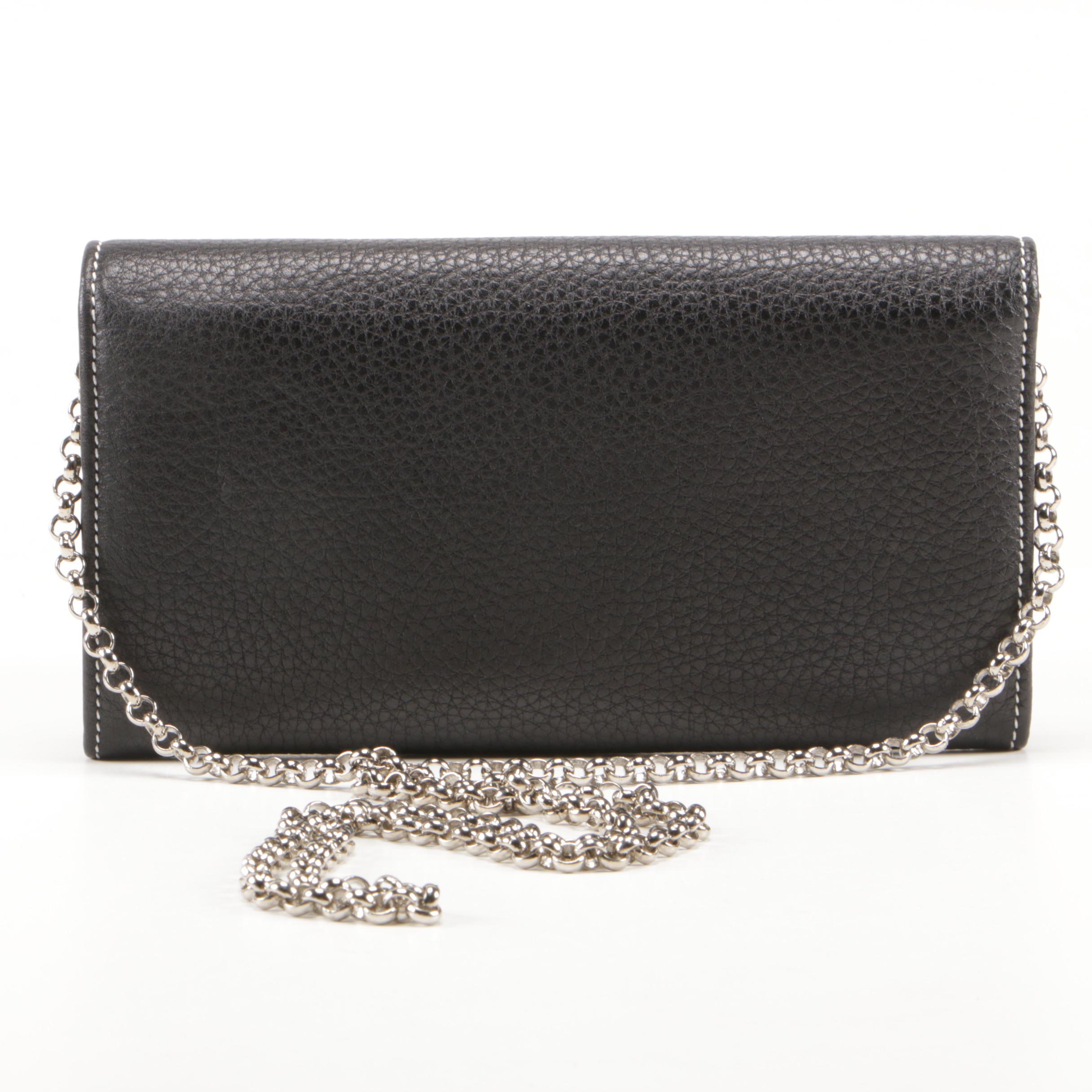Tiffany & Co. Black Pebbled Leather City Wallet on Chain Clutch with Rolo Chain