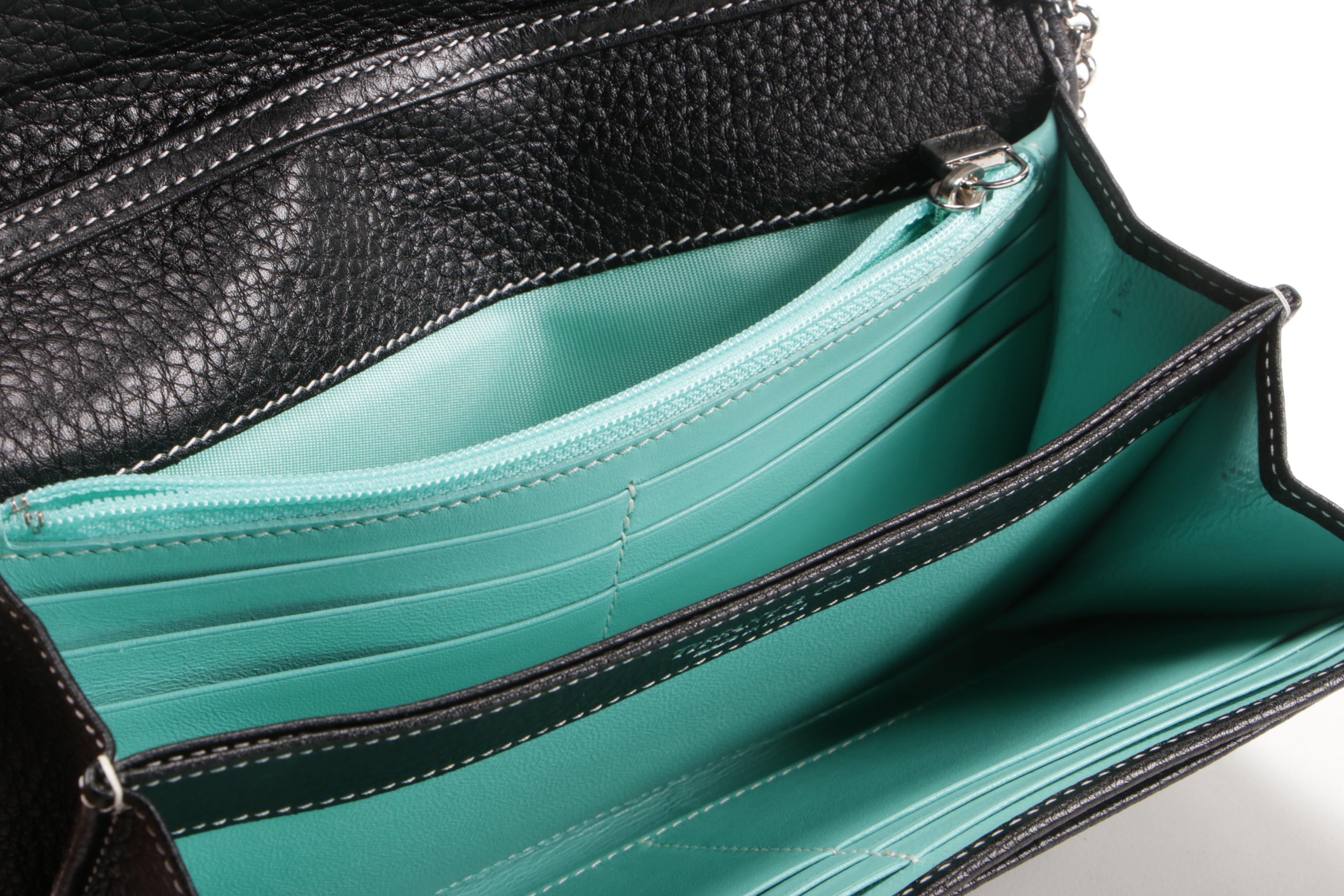 Tiffany & Co. Black Pebbled Leather City Wallet on Chain Clutch with Rolo Chain