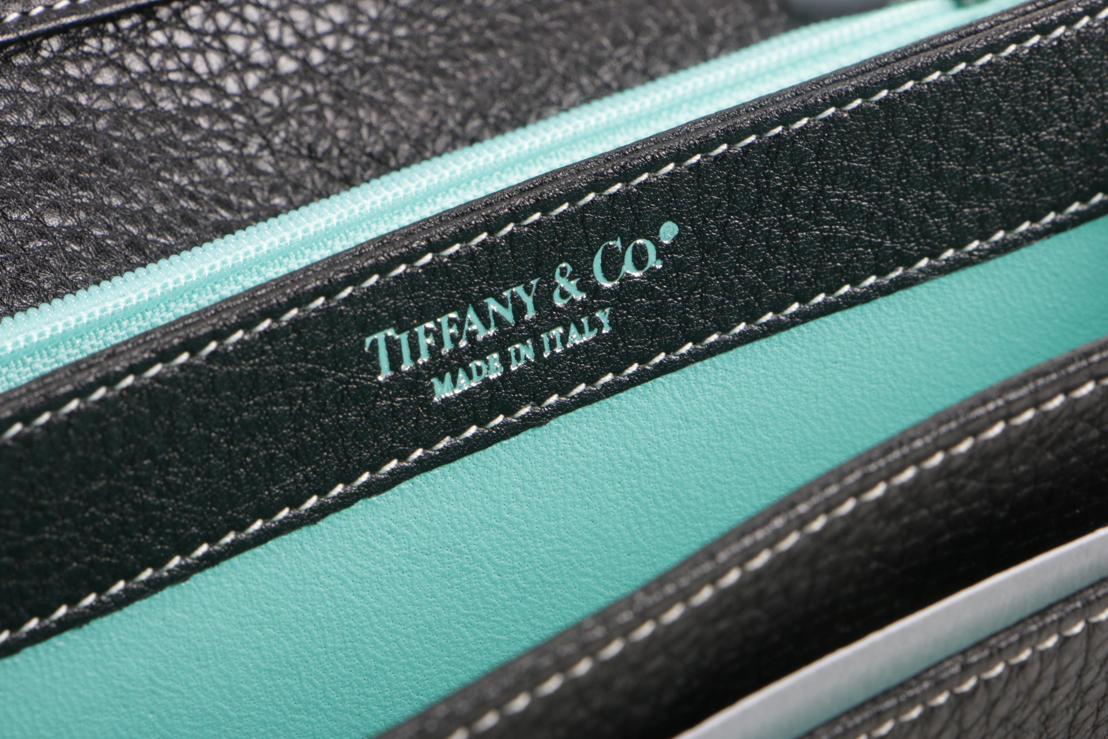 Tiffany & Co. Black Pebbled Leather City Wallet on Chain Clutch with Rolo Chain