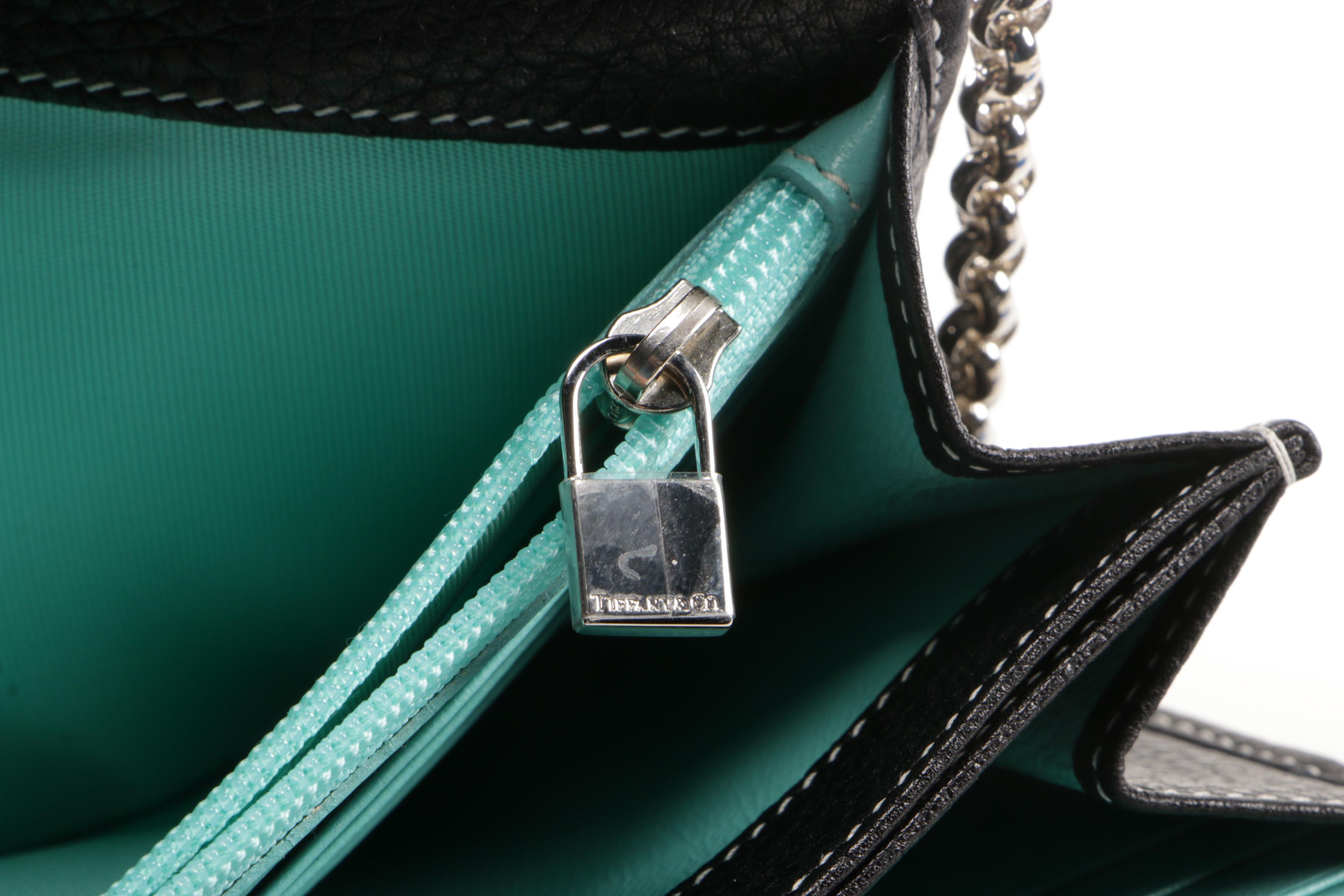 Tiffany & Co. Black Pebbled Leather City Wallet on Chain Clutch with Rolo Chain