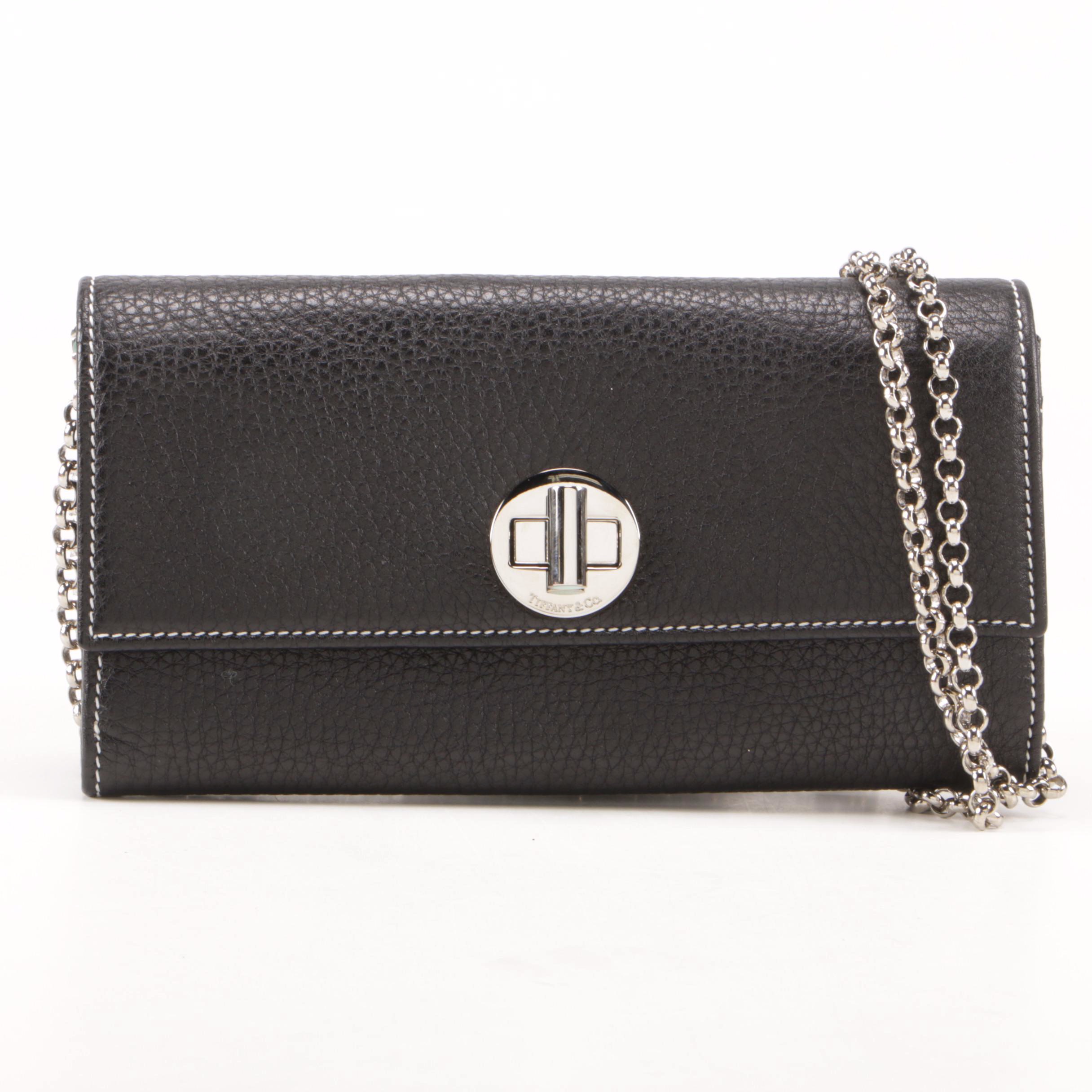 Tiffany & Co. Black Pebbled Leather City Wallet on Chain Clutch with Rolo Chain
