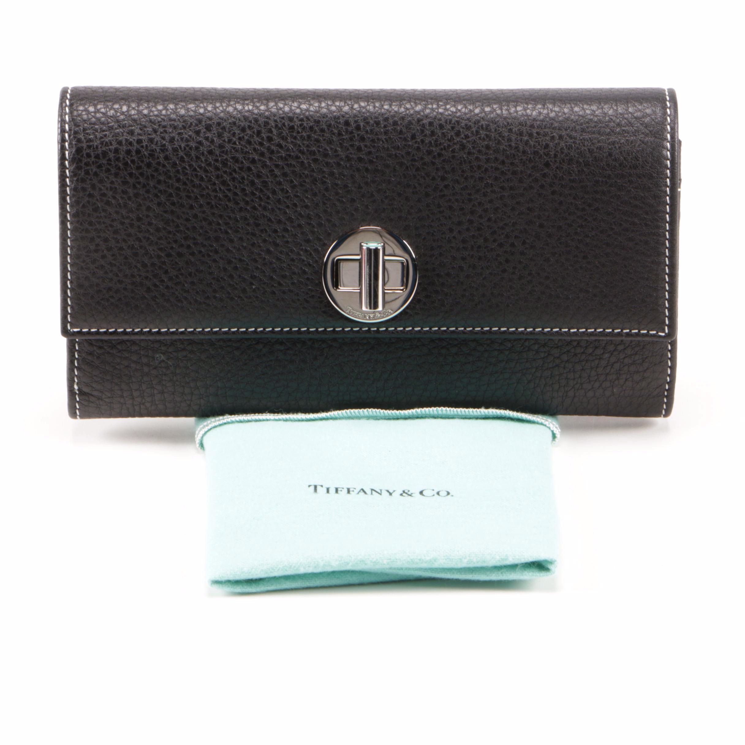 Tiffany & Co. Black Pebbled Leather City Wallet on Chain Clutch with Rolo Chain