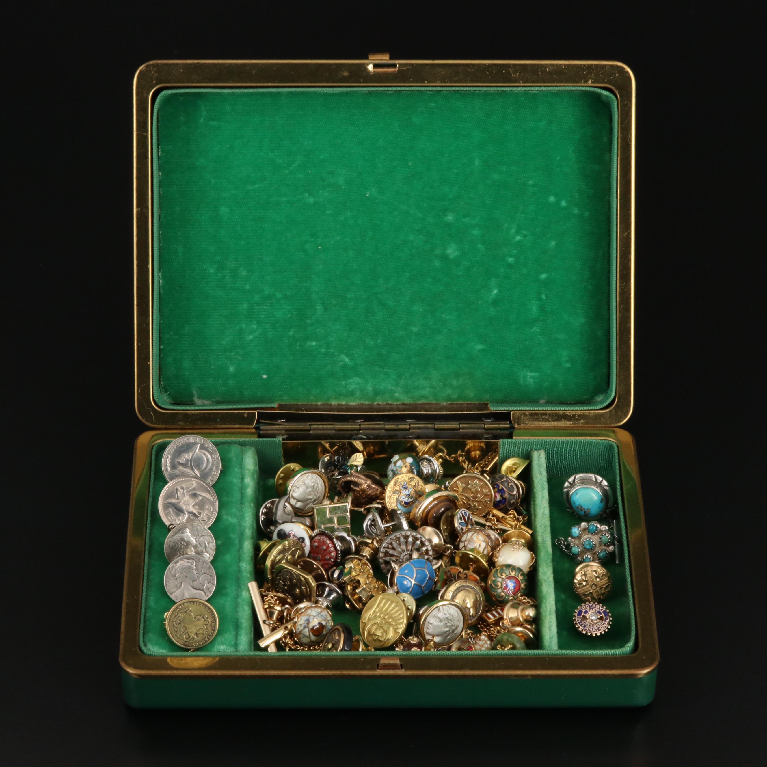 Vintage Tie Tacks with Coins, 14K, Antique Murano Glass, Enamel and Gemstones