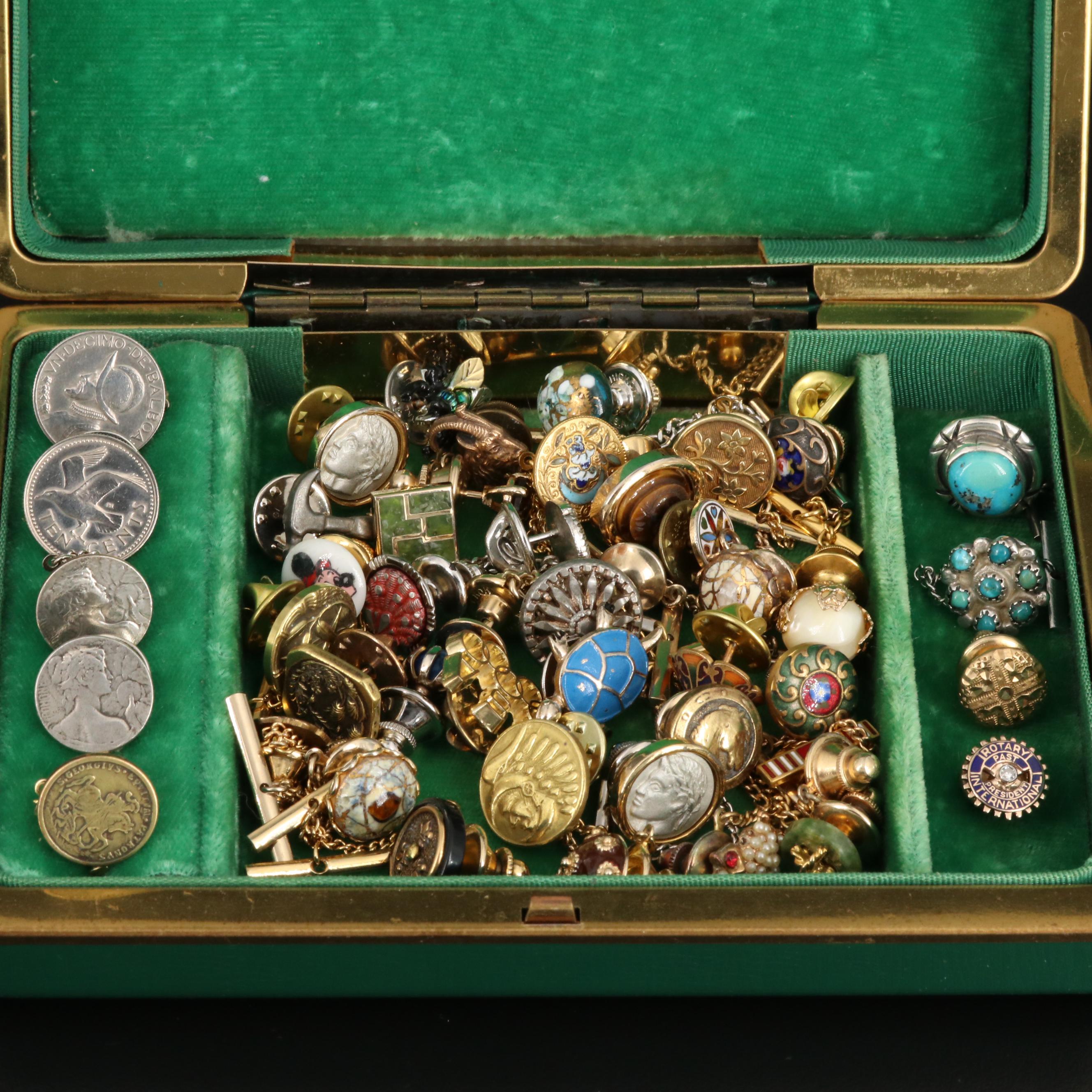 Vintage Tie Tacks with Coins, 14K, Antique Murano Glass, Enamel and Gemstones