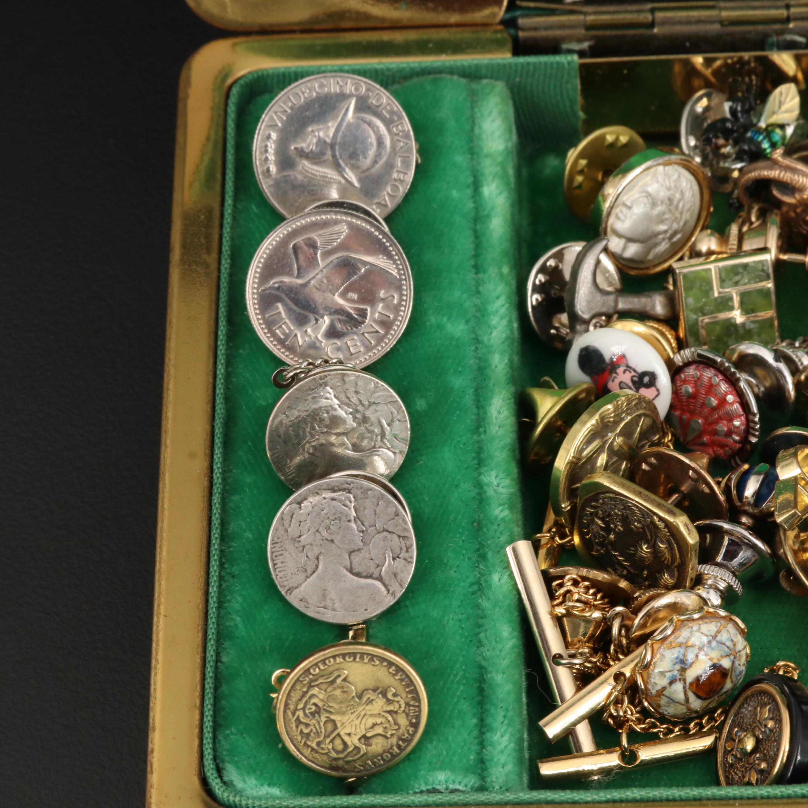 Vintage Tie Tacks with Coins, 14K, Antique Murano Glass, Enamel and Gemstones