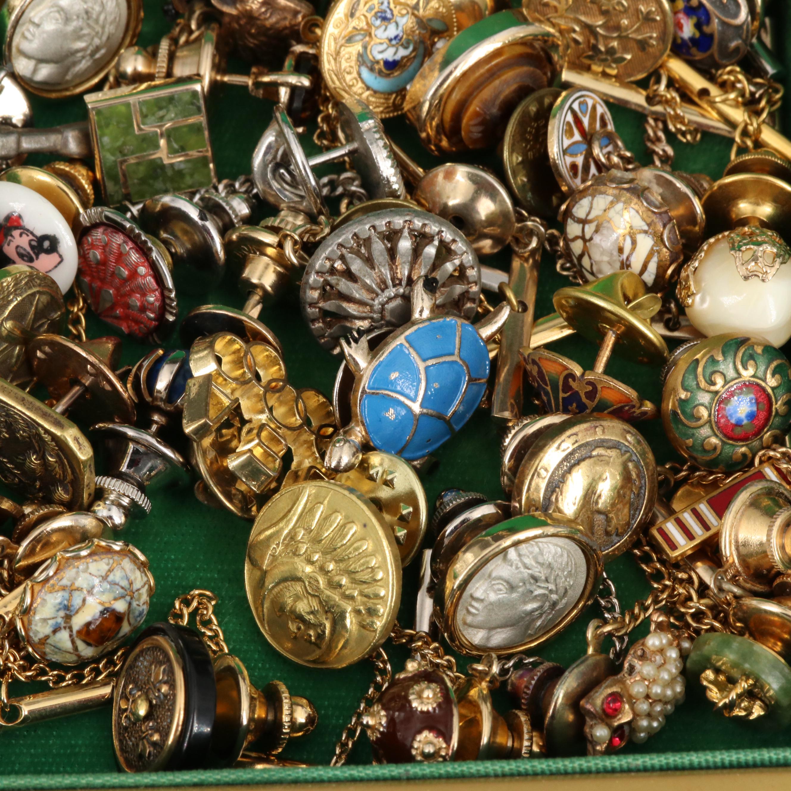 Vintage Tie Tacks with Coins, 14K, Antique Murano Glass, Enamel and Gemstones