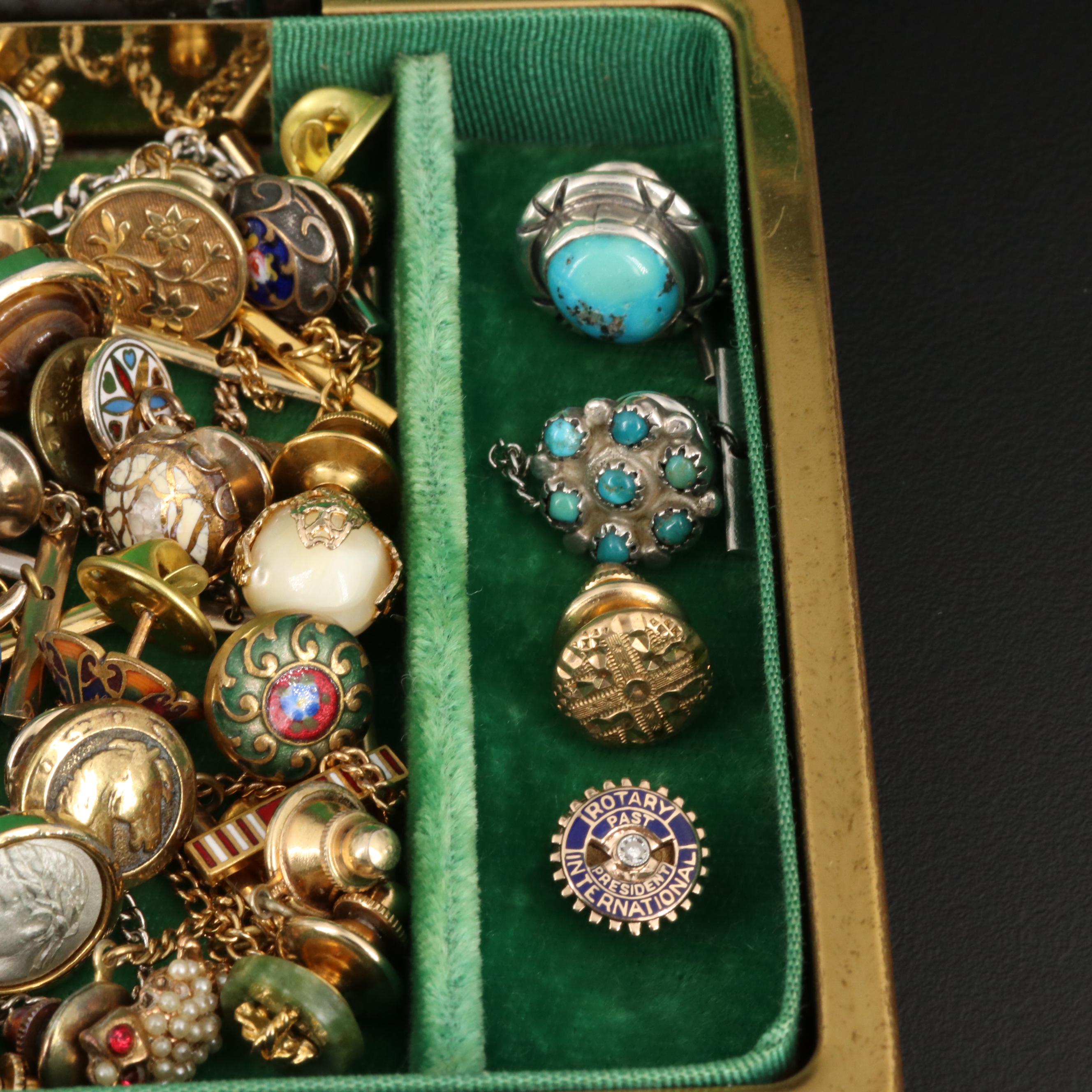 Vintage Tie Tacks with Coins, 14K, Antique Murano Glass, Enamel and Gemstones