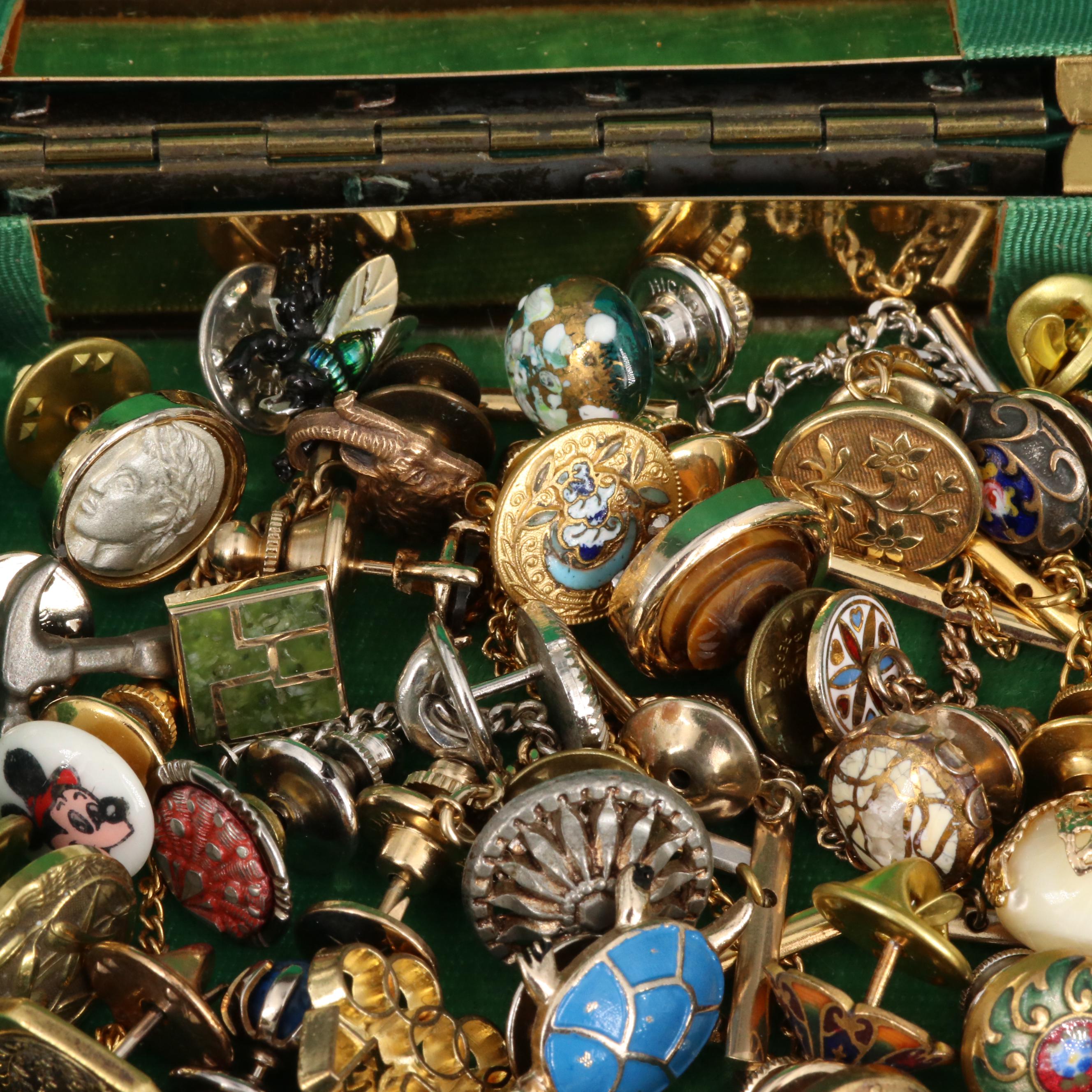 Vintage Tie Tacks with Coins, 14K, Antique Murano Glass, Enamel and Gemstones