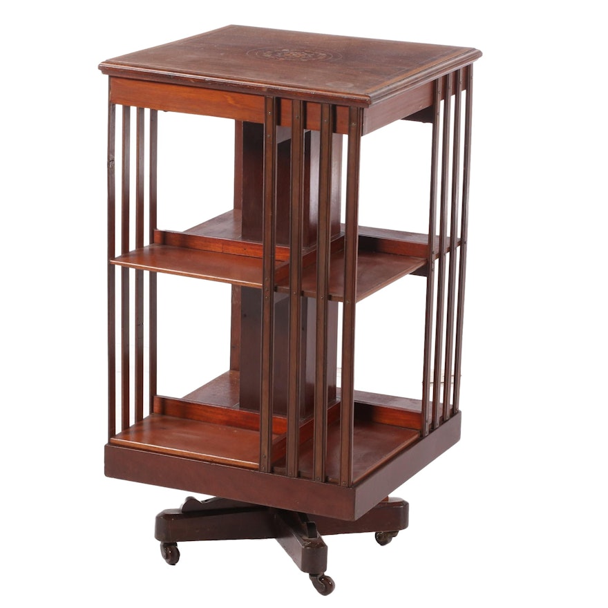 Edwardian Mahogany and Marquetry Revolving Bookcase, Early 20th Century