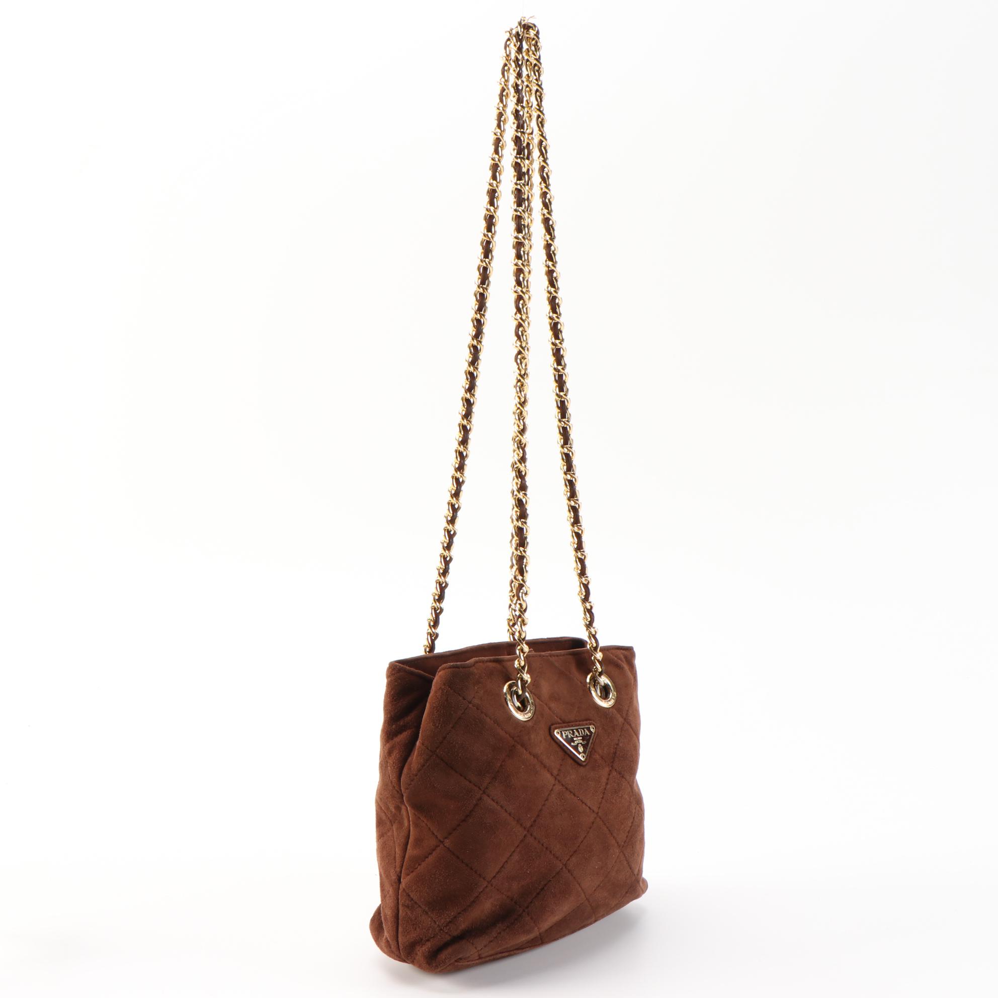 Prada Quilted Brown Suede Chain Shoulder Bag