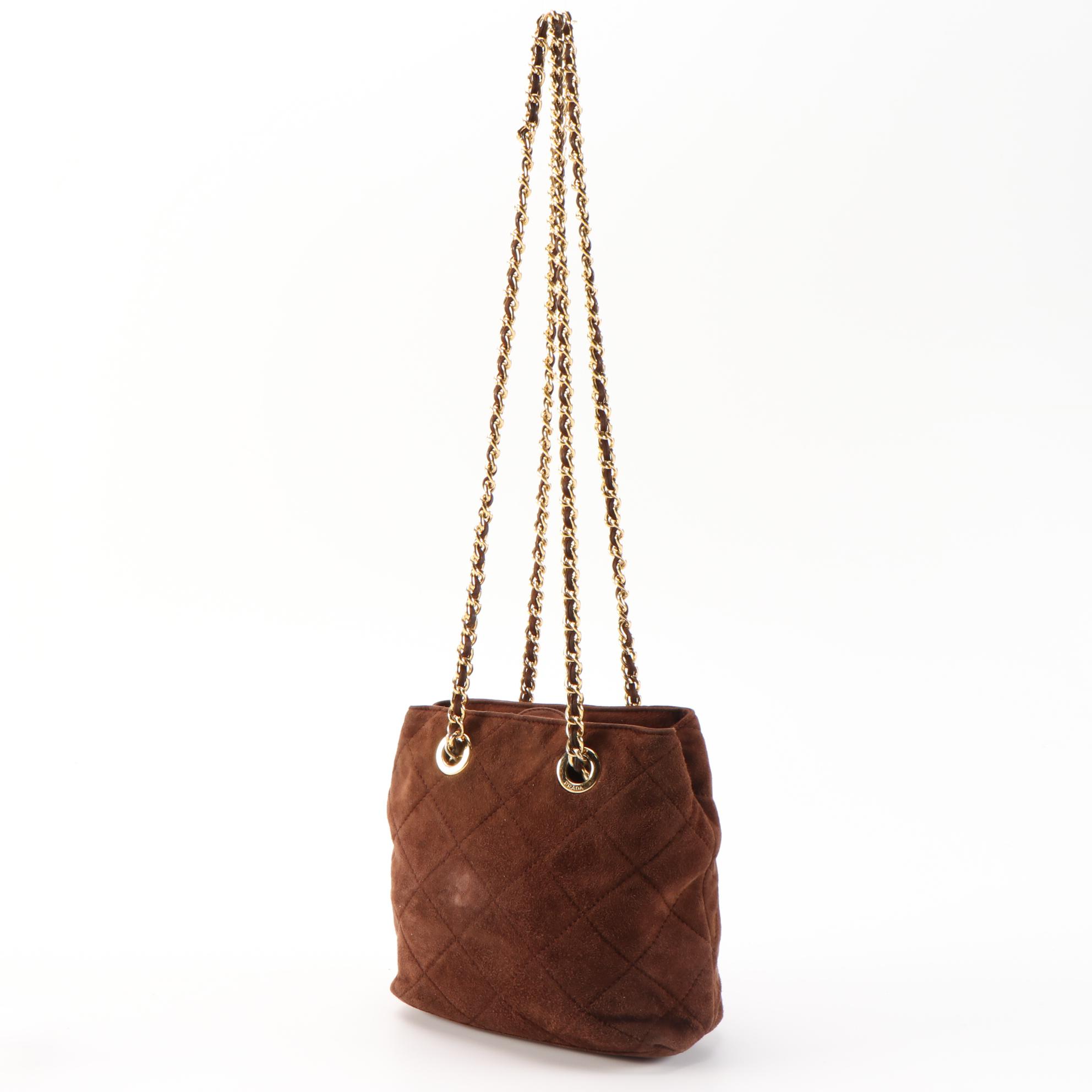Prada Quilted Brown Suede Chain Shoulder Bag