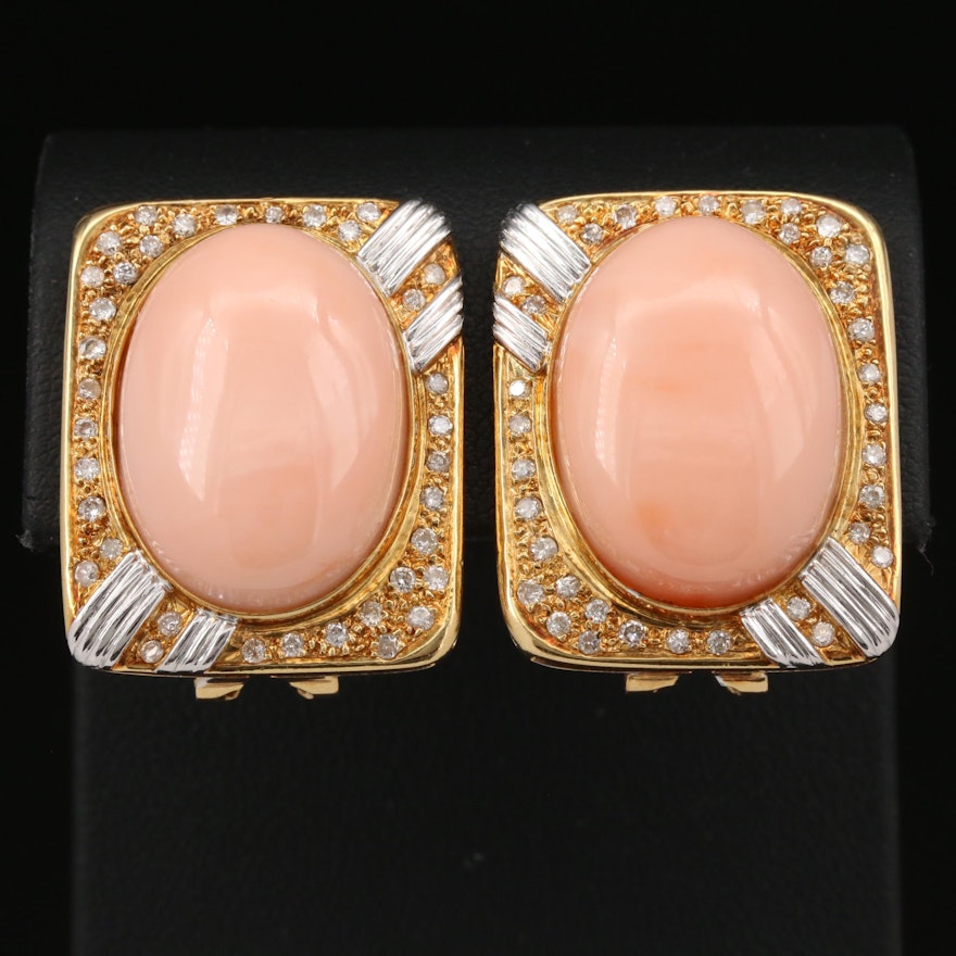 18K Coral and Diamond Button Earrings