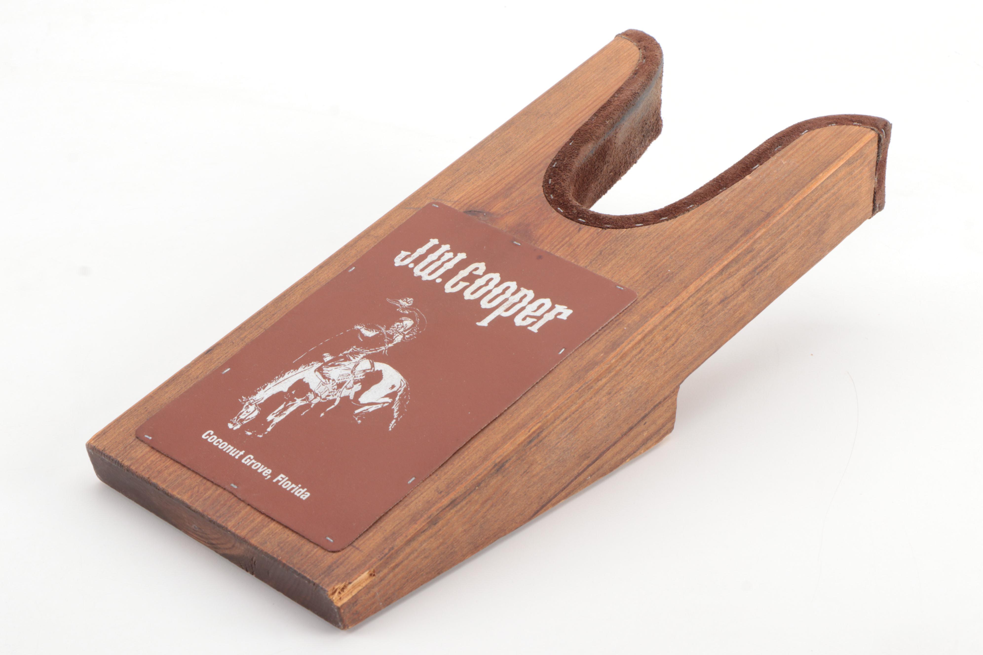 J.W. Cooper Wooden Boot Jack with "V" Leather Bean Bag Weight
