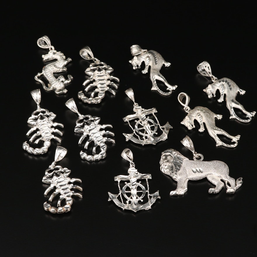 Assortment of Diamond Cut Sterling Silver Pendants Including Several Scorpions