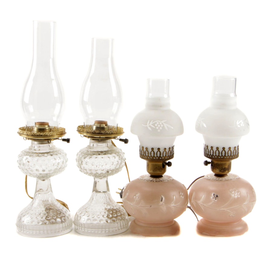 Pink Frosted Glass Parlor Lamps and Hobnail Glass Lamps with Chimneys
