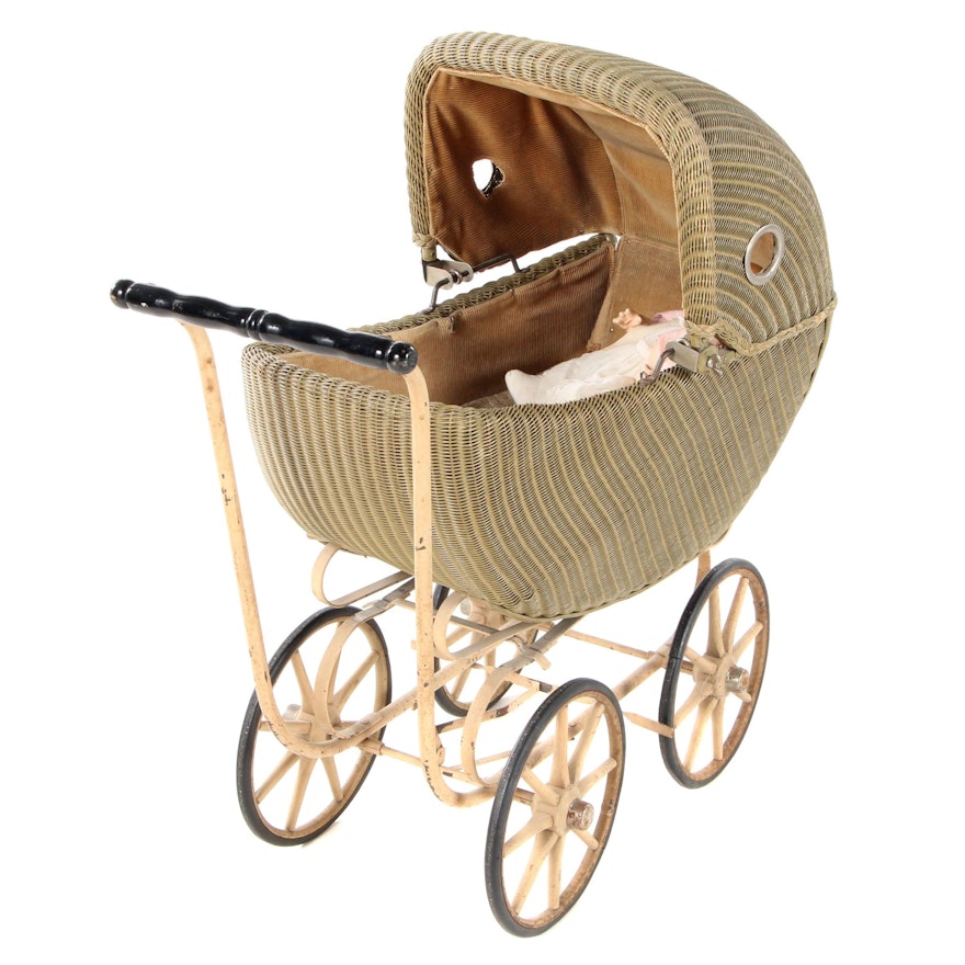 Victorian Style Wicker Baby Stroller with Bisque Doll, Early 20th Century