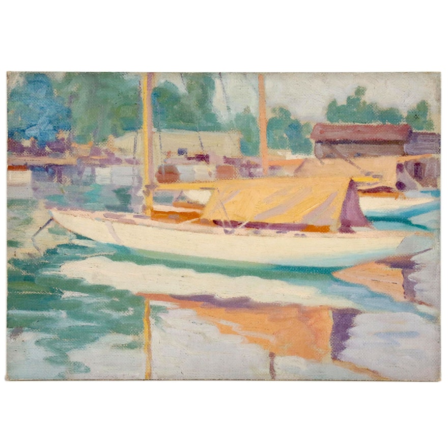 Harbor Scene Oil Painting, 1931