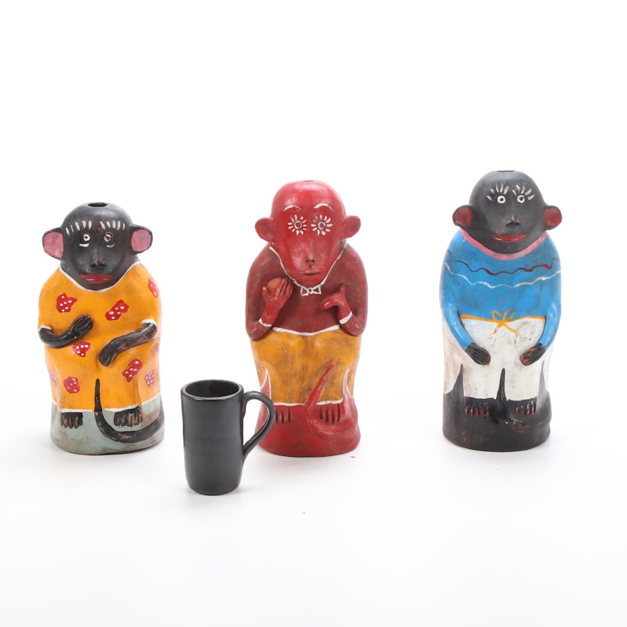 Oaxacan Chango Mezcalero Figural Monkey Mezcal Bottles and Signed Artisan Cup