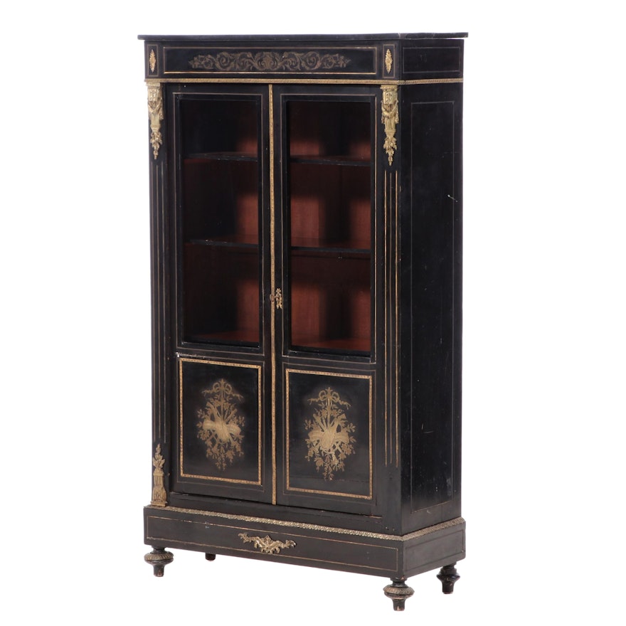 French Gilt Metal-Mounted, Ebonized Mahogany, and Brass Marquetry Bibliothèque