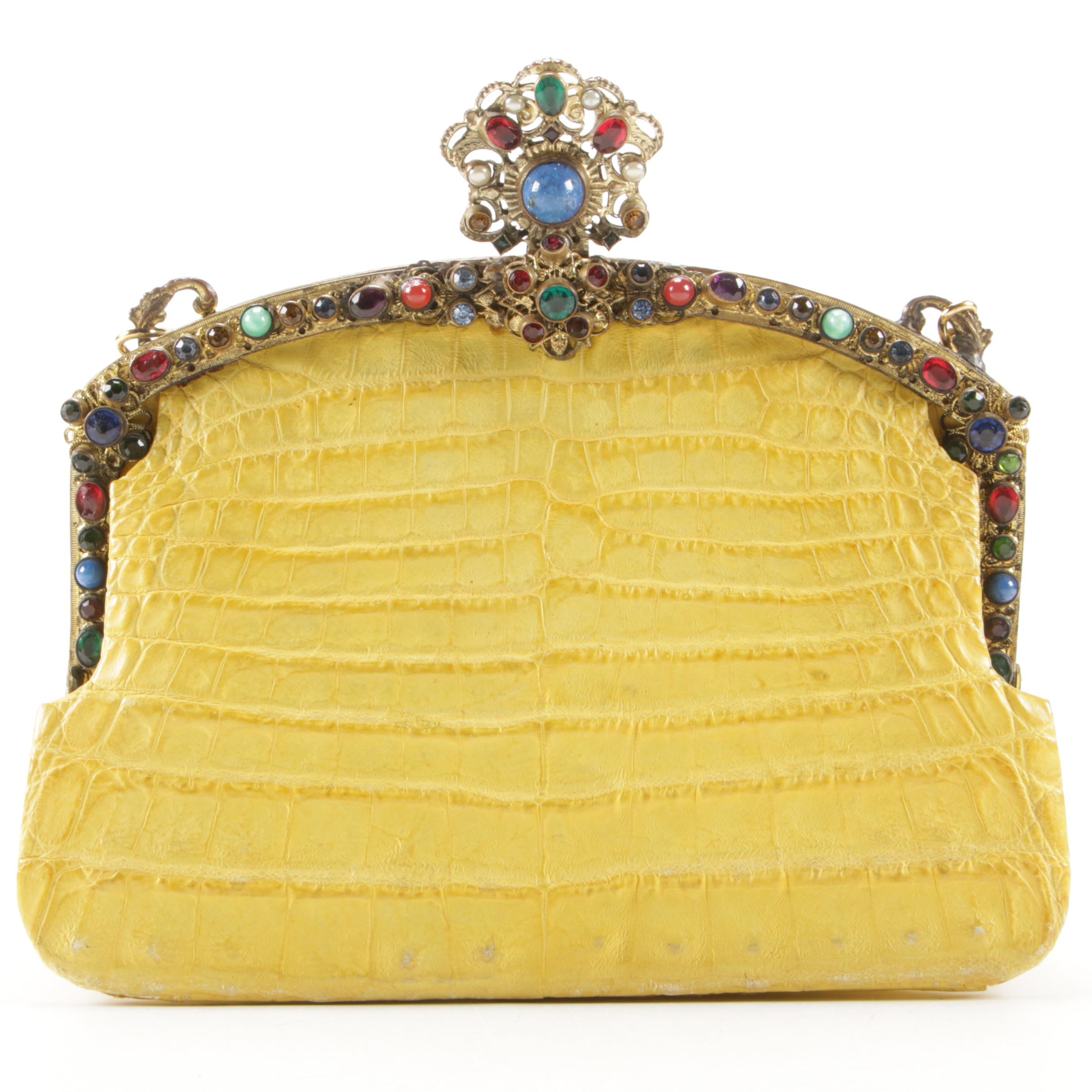 Jacomo Paris Embellished Yellow Crocodile Skin Evening Bag, Vintage