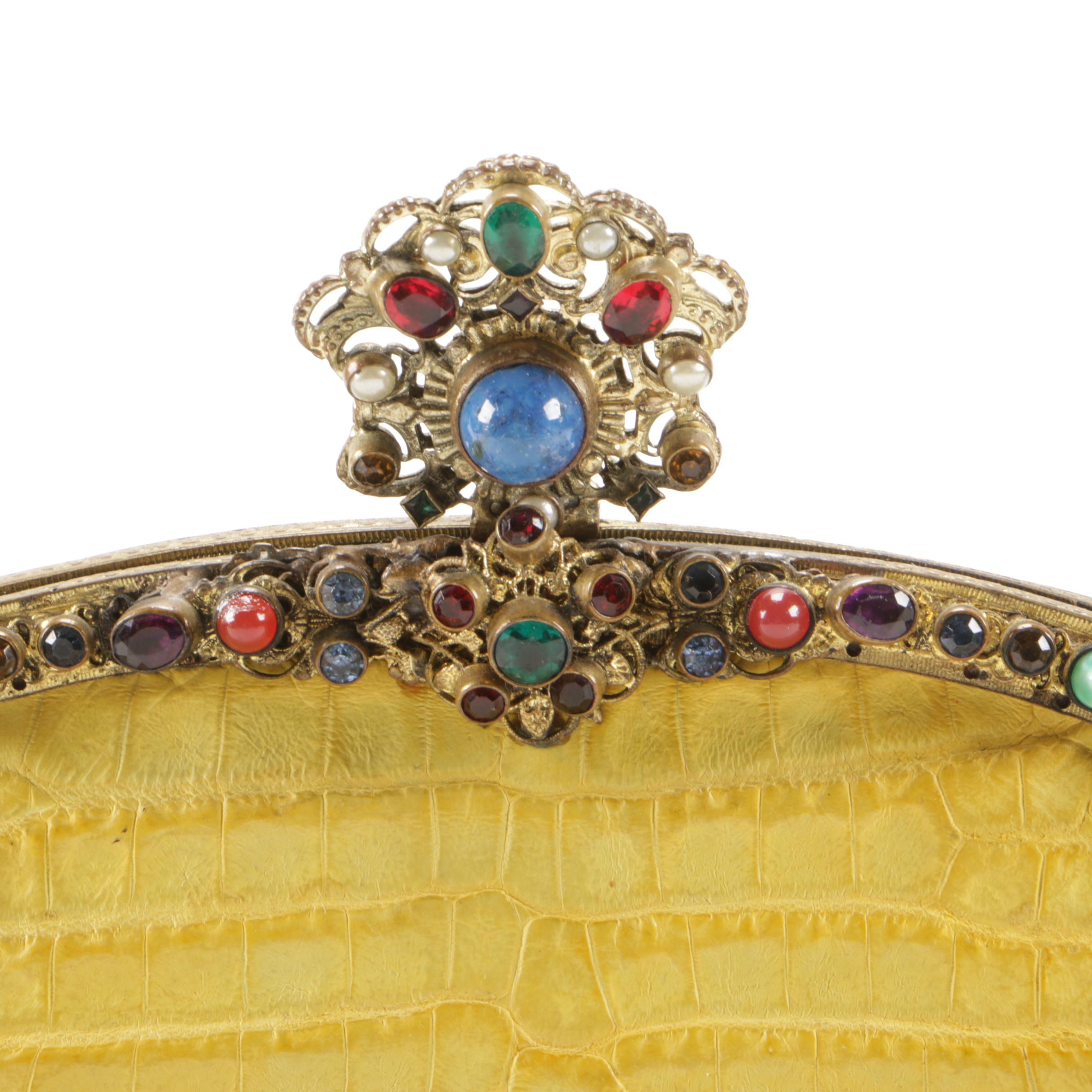Jacomo Paris Embellished Yellow Crocodile Skin Evening Bag, Vintage