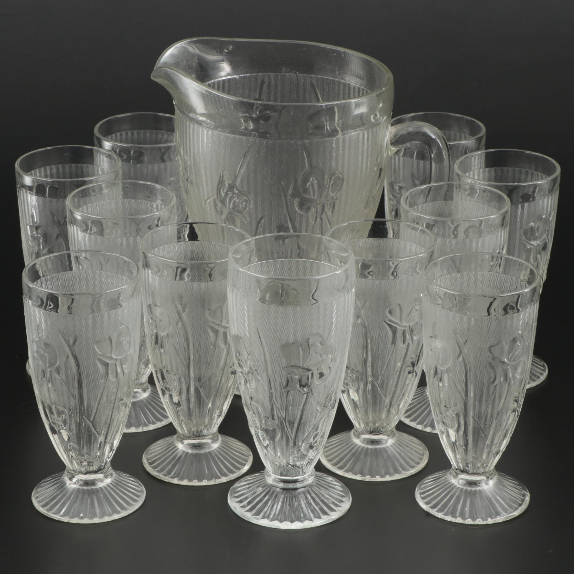 Jeannette "Iris Clear" Depression Glass Pitcher and Footed Tumblers, 1928–1932