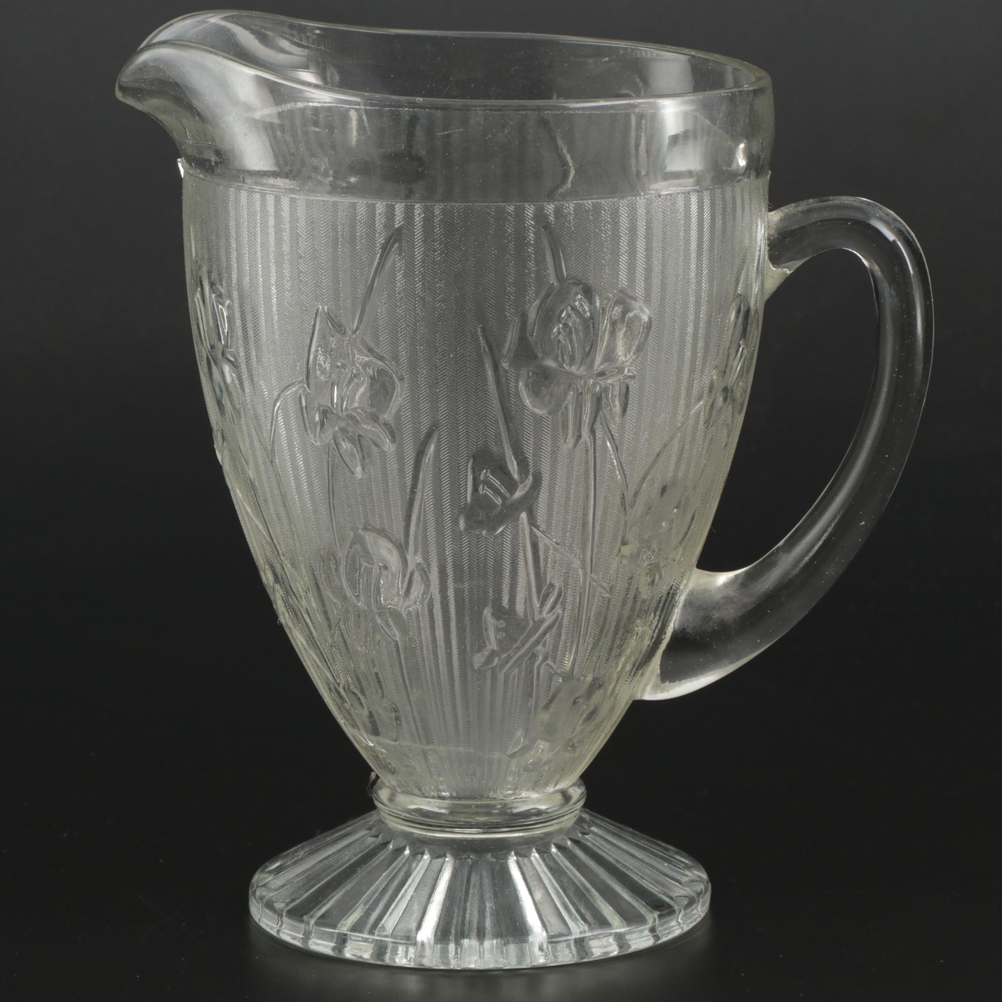 Jeannette "Iris Clear" Depression Glass Pitcher and Footed Tumblers, 1928–1932