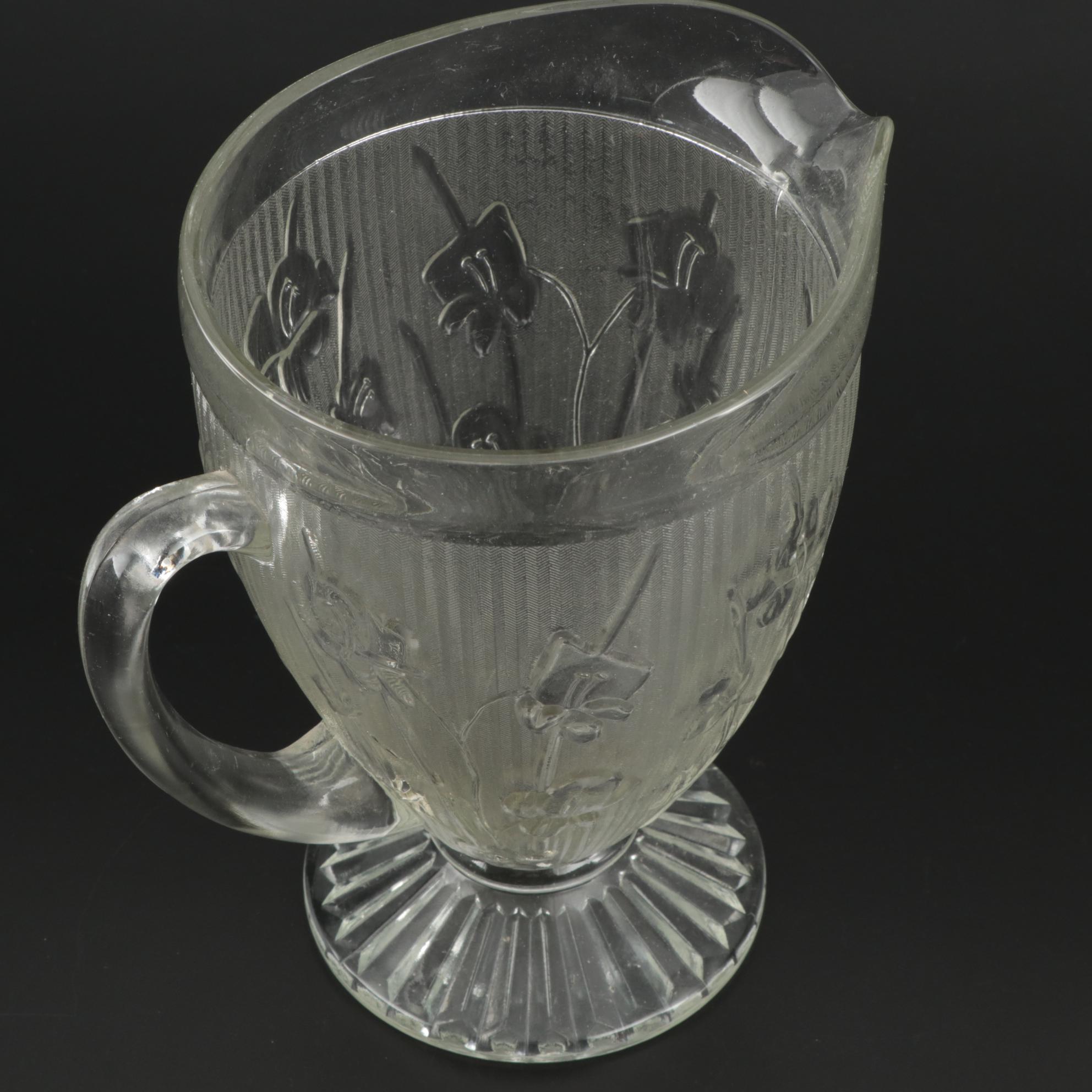 Jeannette "Iris Clear" Depression Glass Pitcher and Footed Tumblers, 1928–1932
