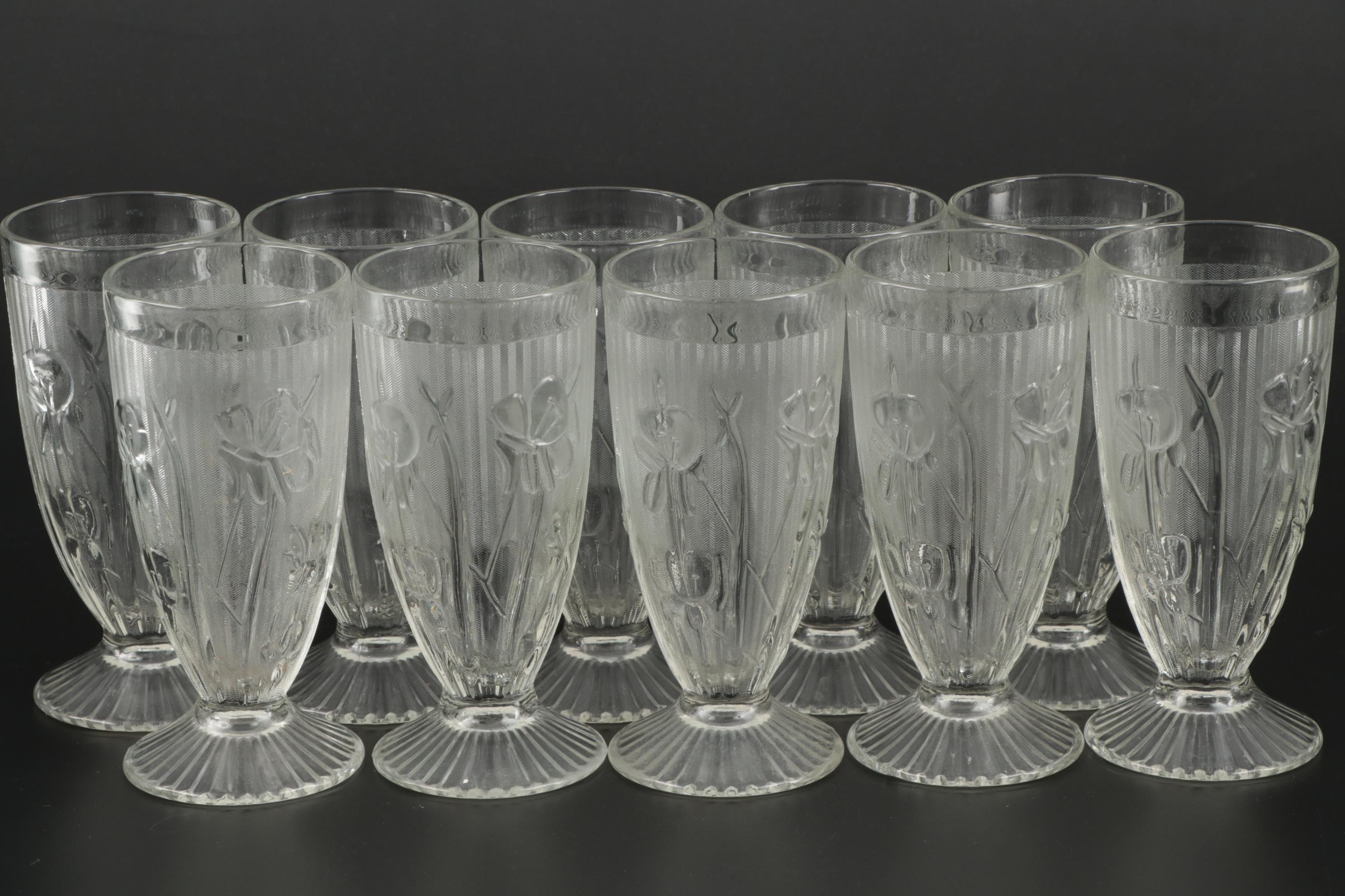 Jeannette "Iris Clear" Depression Glass Pitcher and Footed Tumblers, 1928–1932