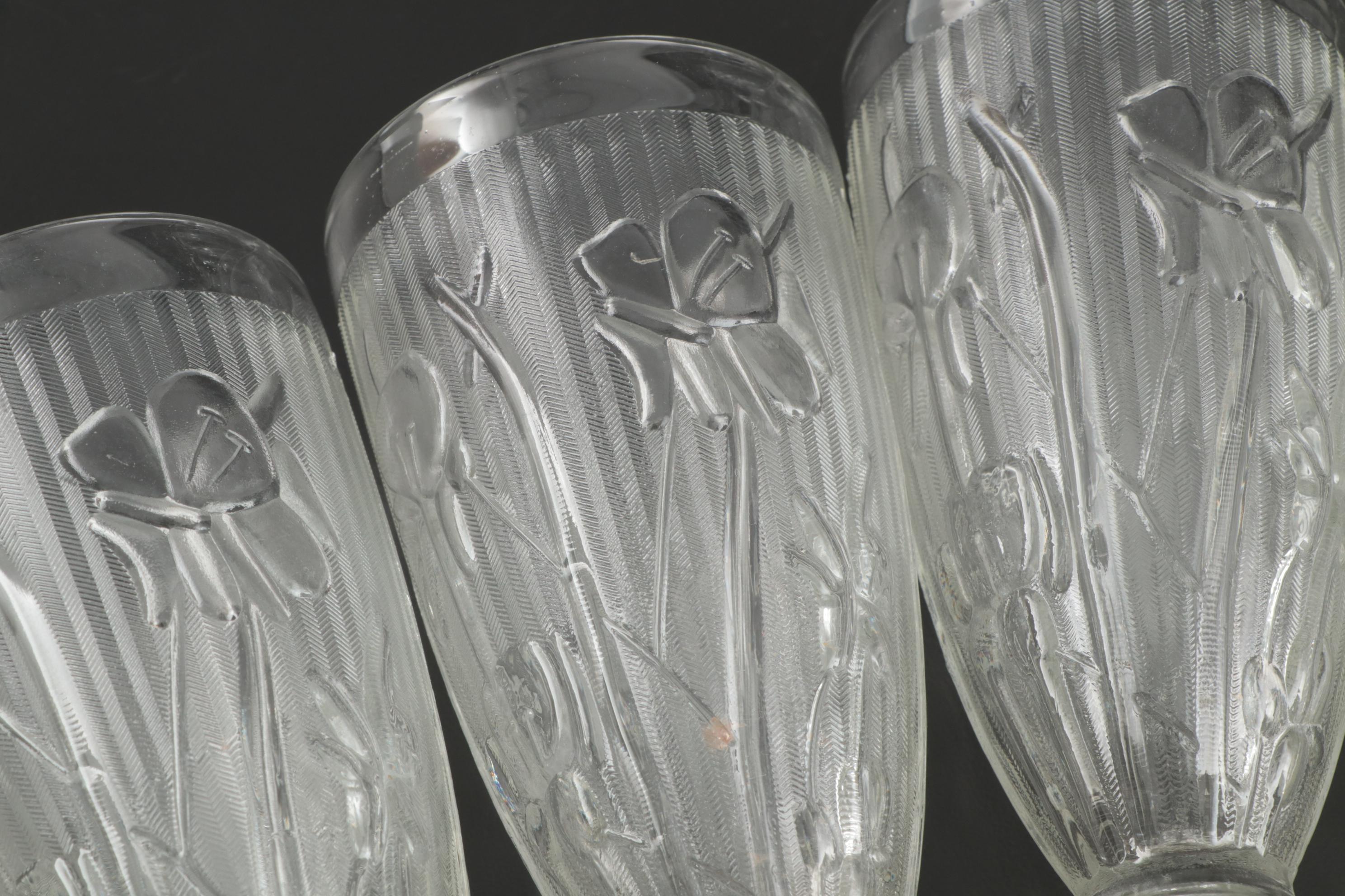 Jeannette "Iris Clear" Depression Glass Pitcher and Footed Tumblers, 1928–1932