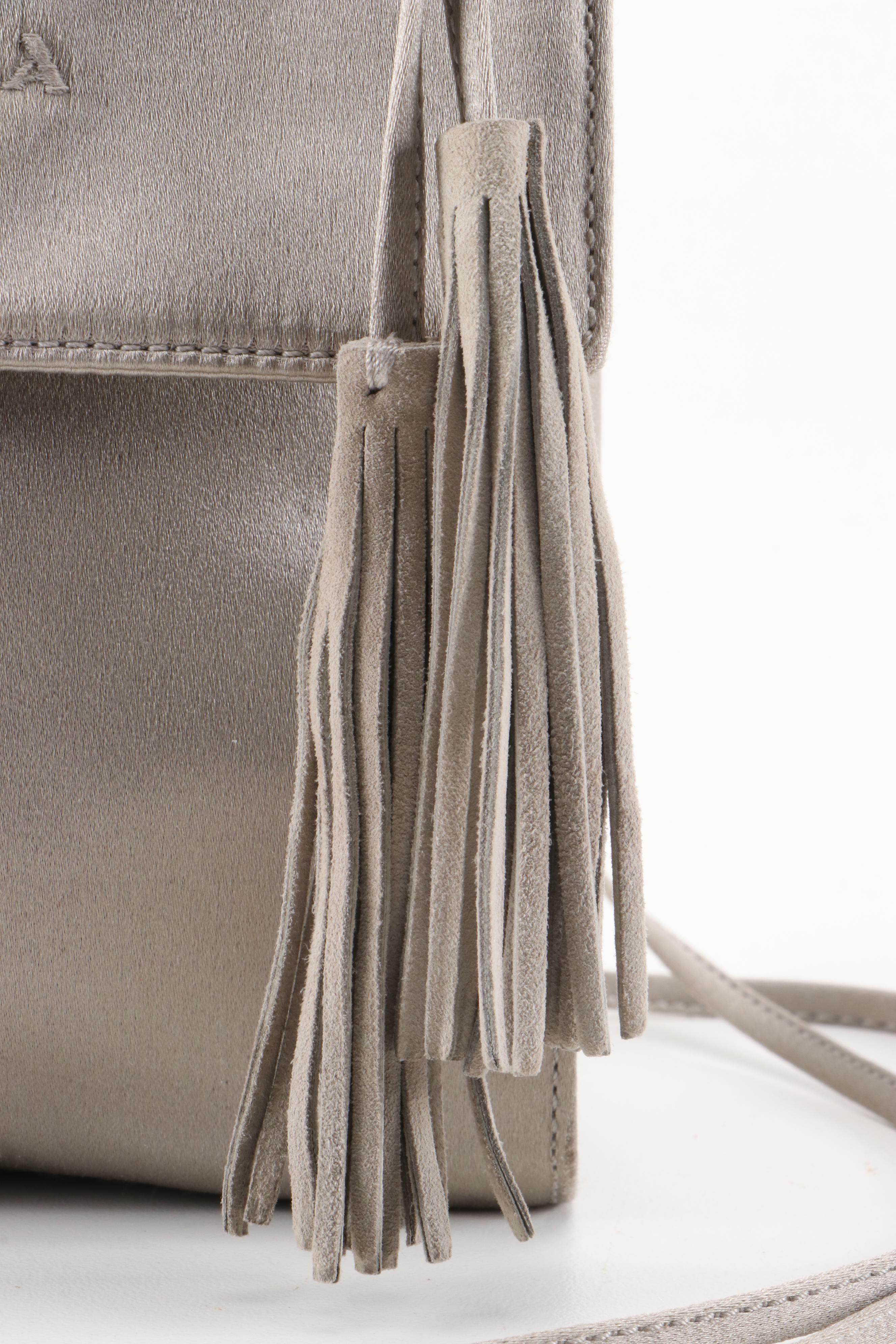 Prada Gray Satin Front Flap Crossbody Bag with Suede Tassel