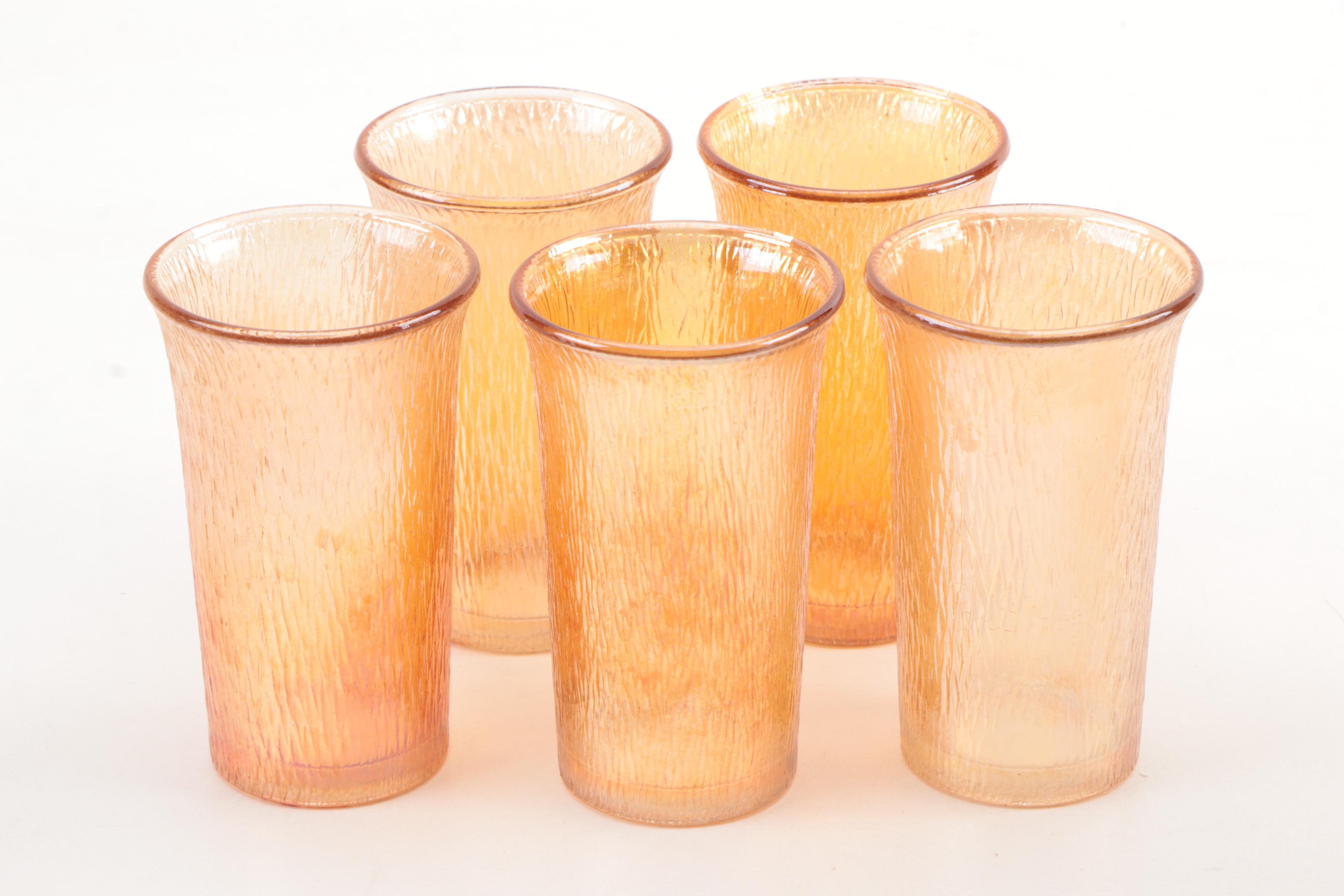 Fire King Carnival Glass Teacups and Creamer with Other Marigold Carnival Glass